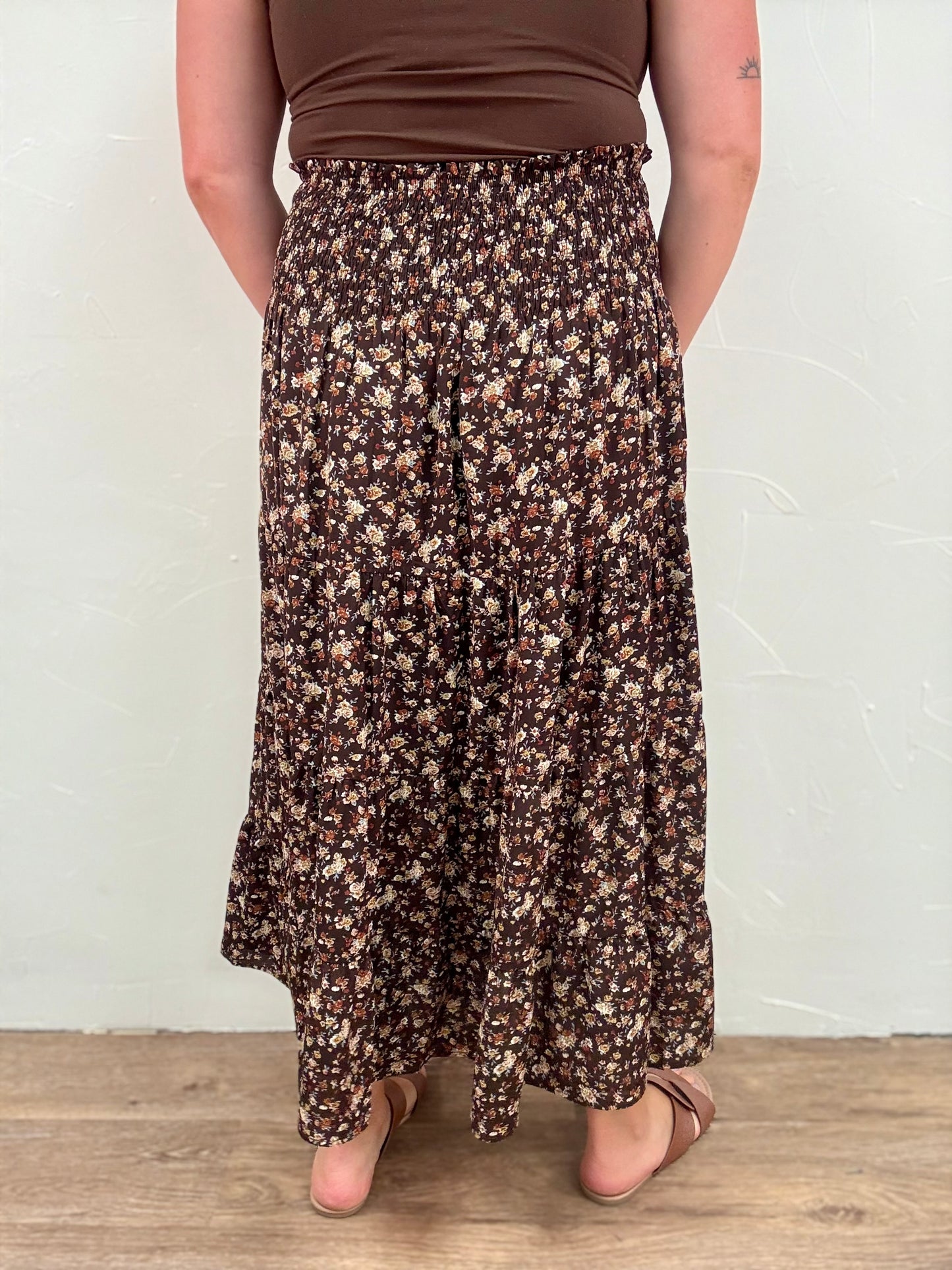 Floral Tiered Front Slit Midi Skirt