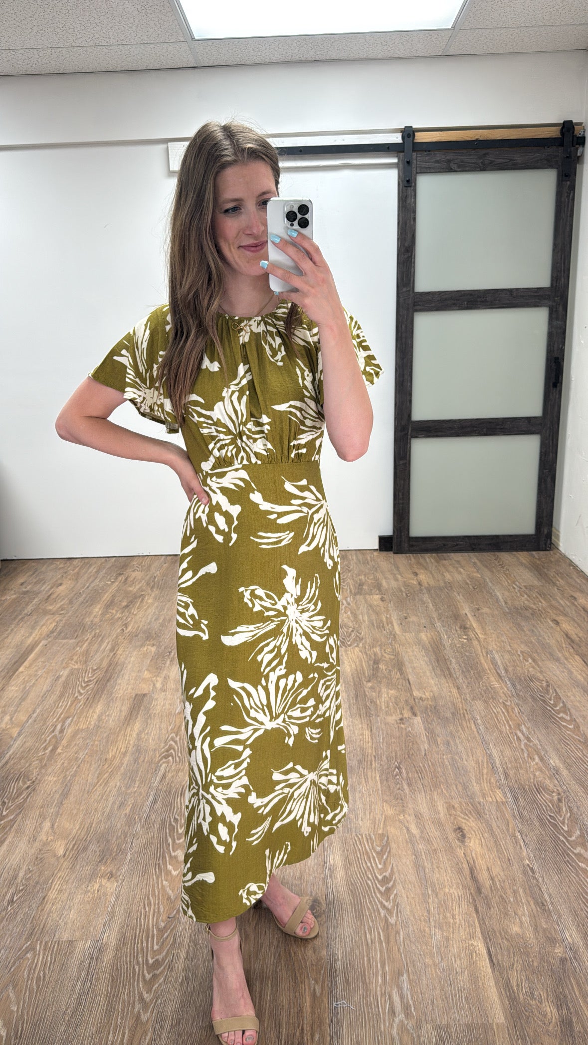 Ruched Neck Woven Midi Dress