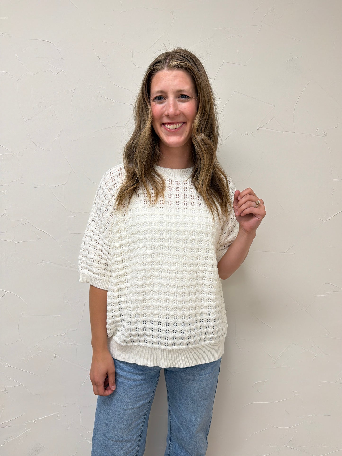 Crew Neck Crochet Textured Knitted Sweater Top