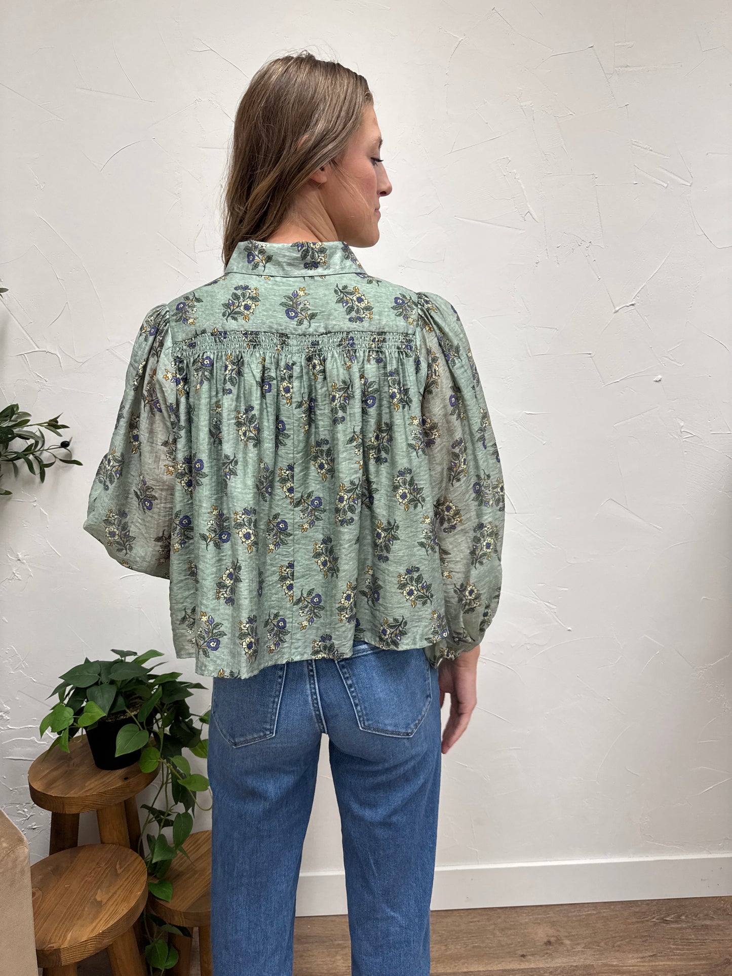 Botanical print long sleeve button-down top
