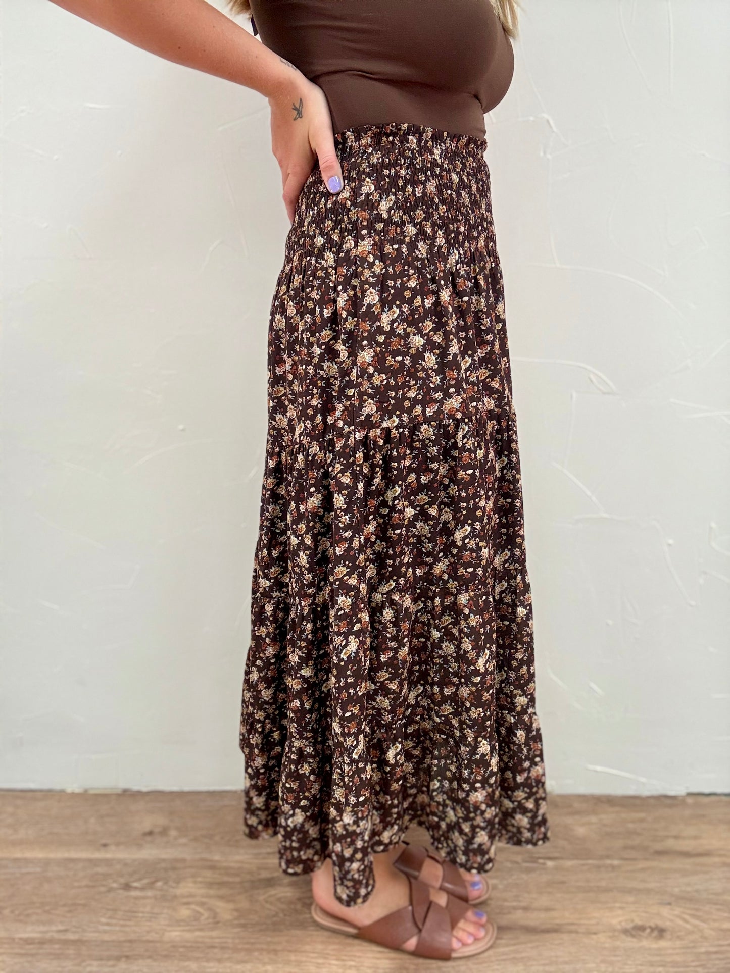 Floral Tiered Front Slit Midi Skirt