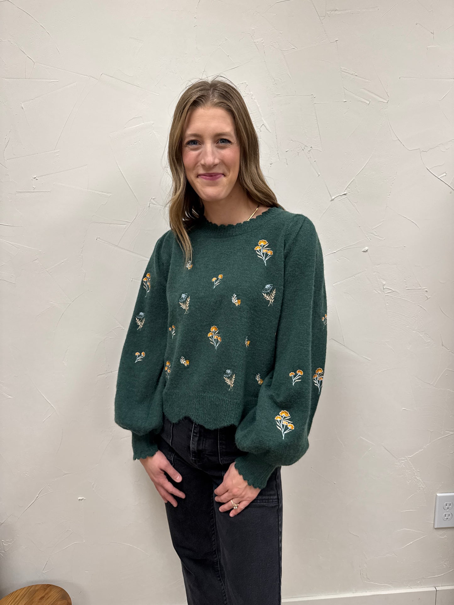 Embroidered Scallop Detail Sweater