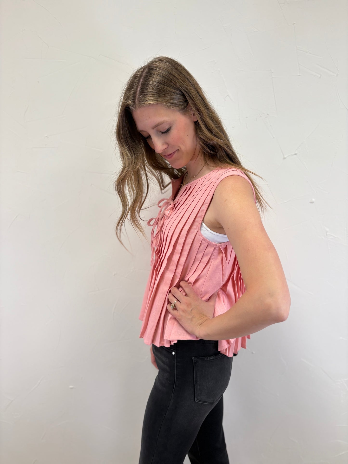 Pleated Tank Top with Bow Detail