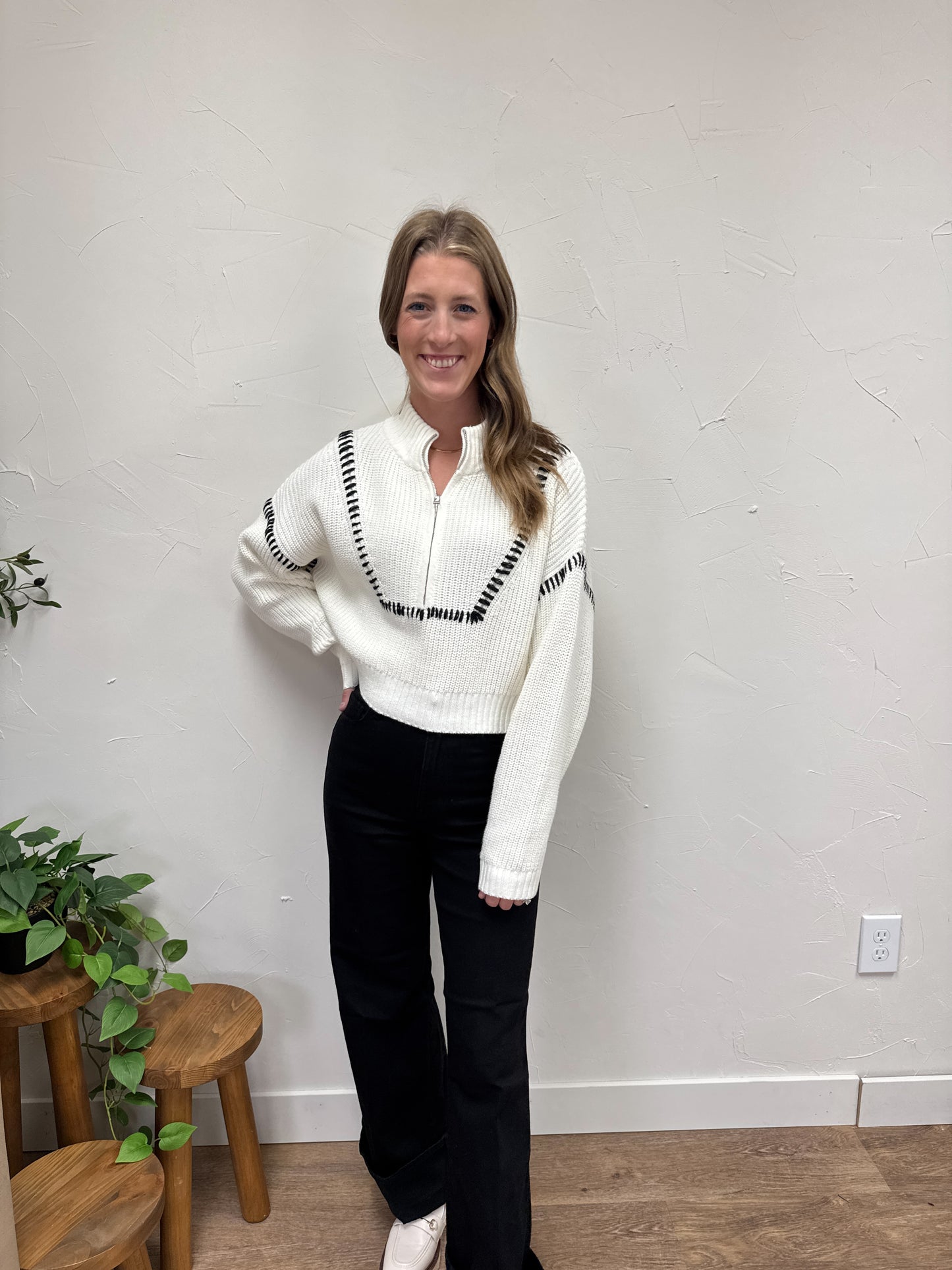 Knit Half-Zip Sweater with Contrast Stitch Detail