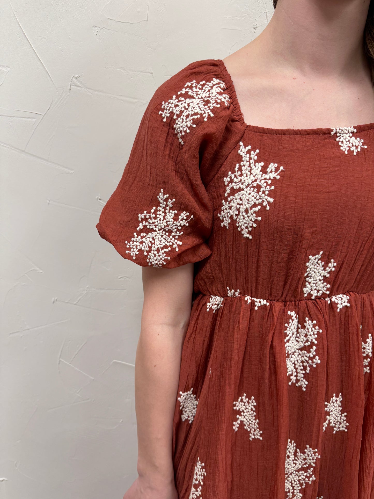 Embroidered Square Neck Bubble Sleeve Dress