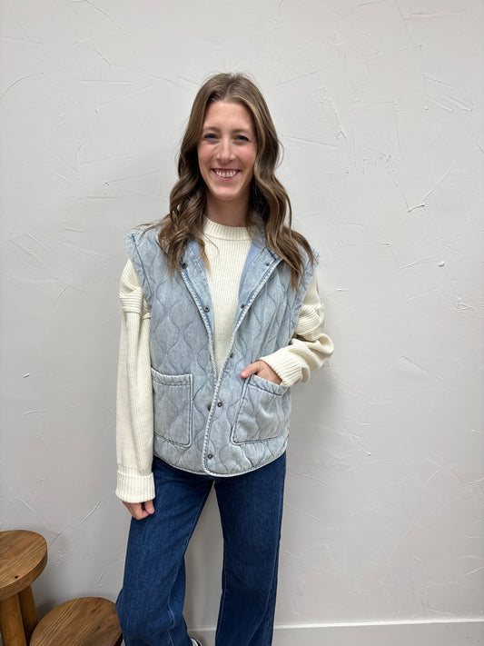 Washed Quilted Button Down Vest
