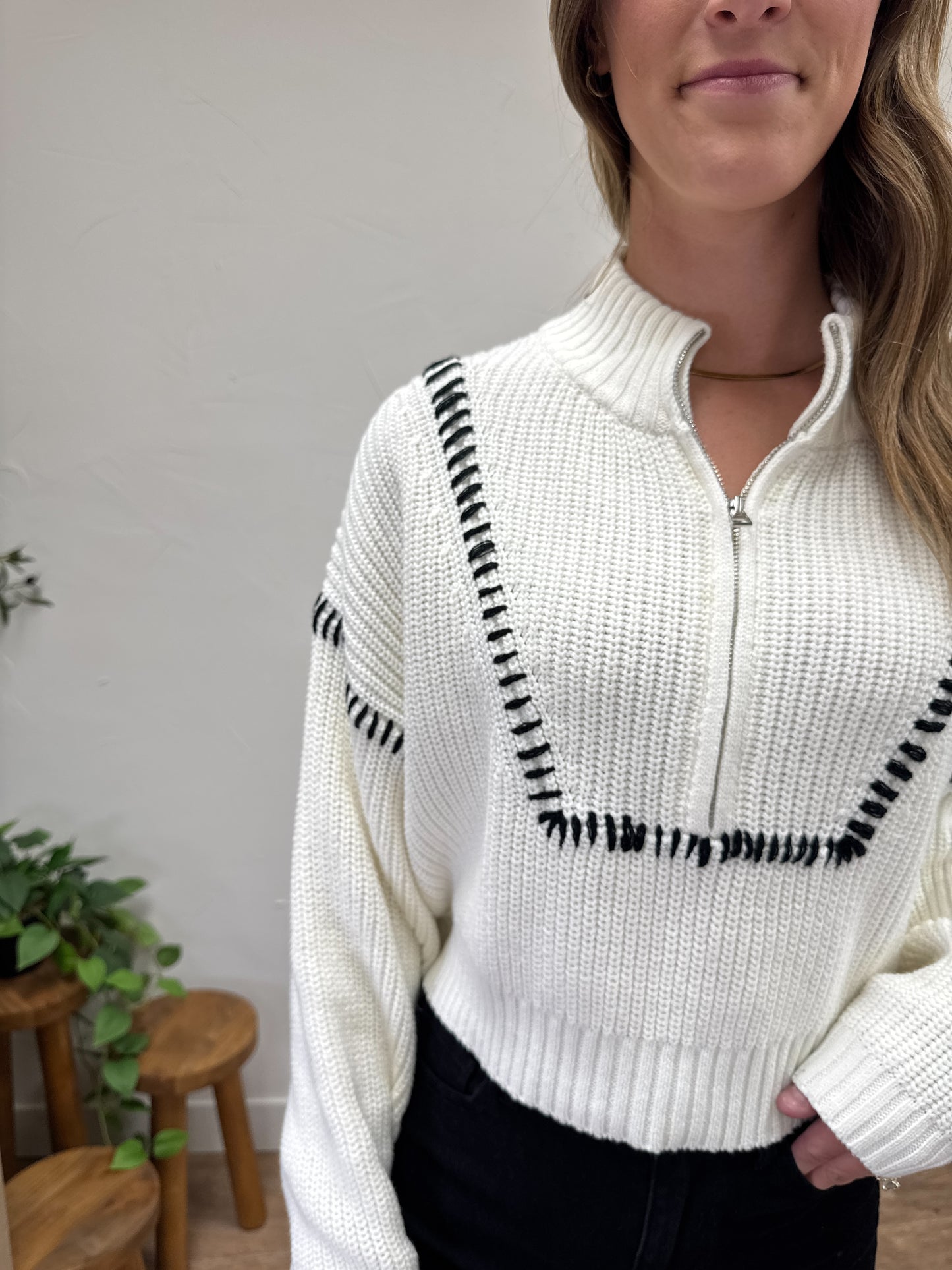 Knit Half-Zip Sweater with Contrast Stitch Detail
