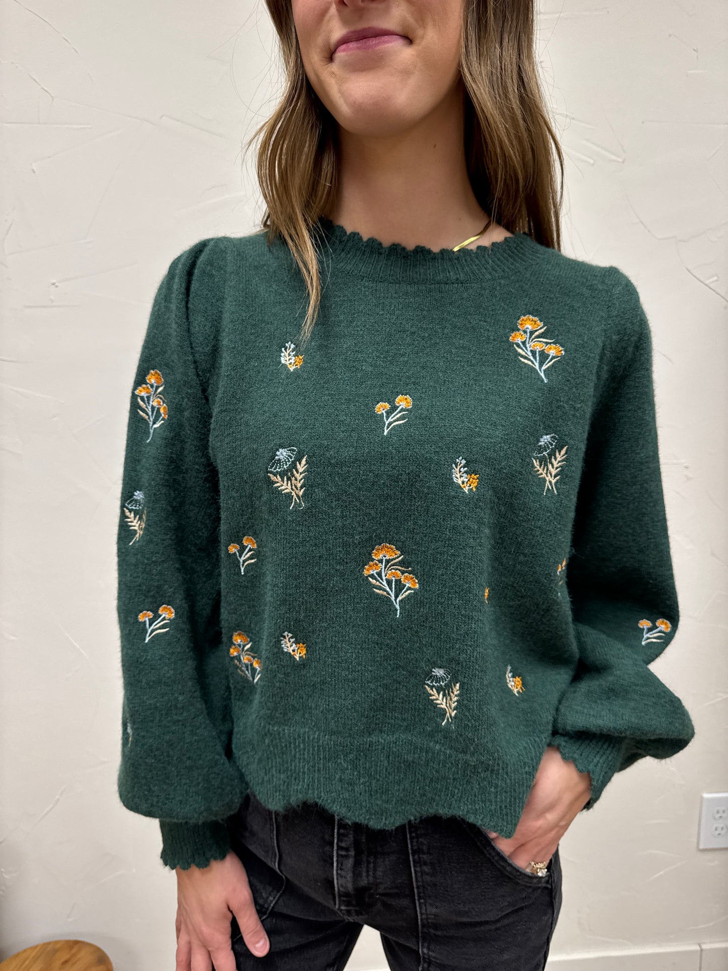 Embroidered Scallop Detail Sweater