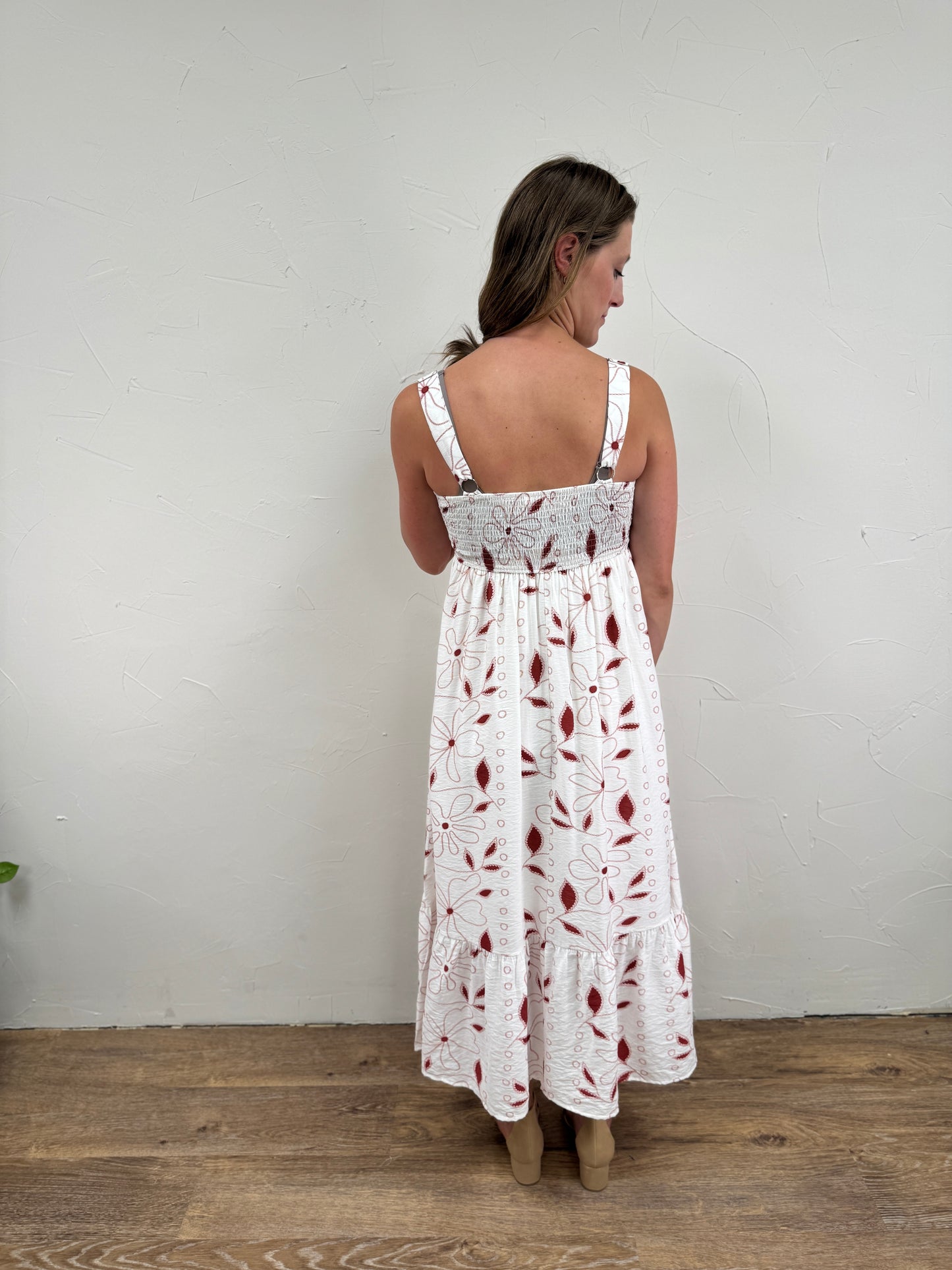 Floral Embroidery Scallop Trim Midi Dress