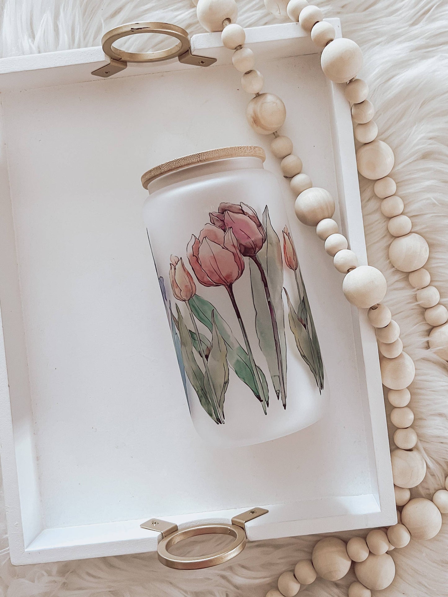 Watercolor Tulips Frosted 16oz Glass Cup with Bamboo Lid