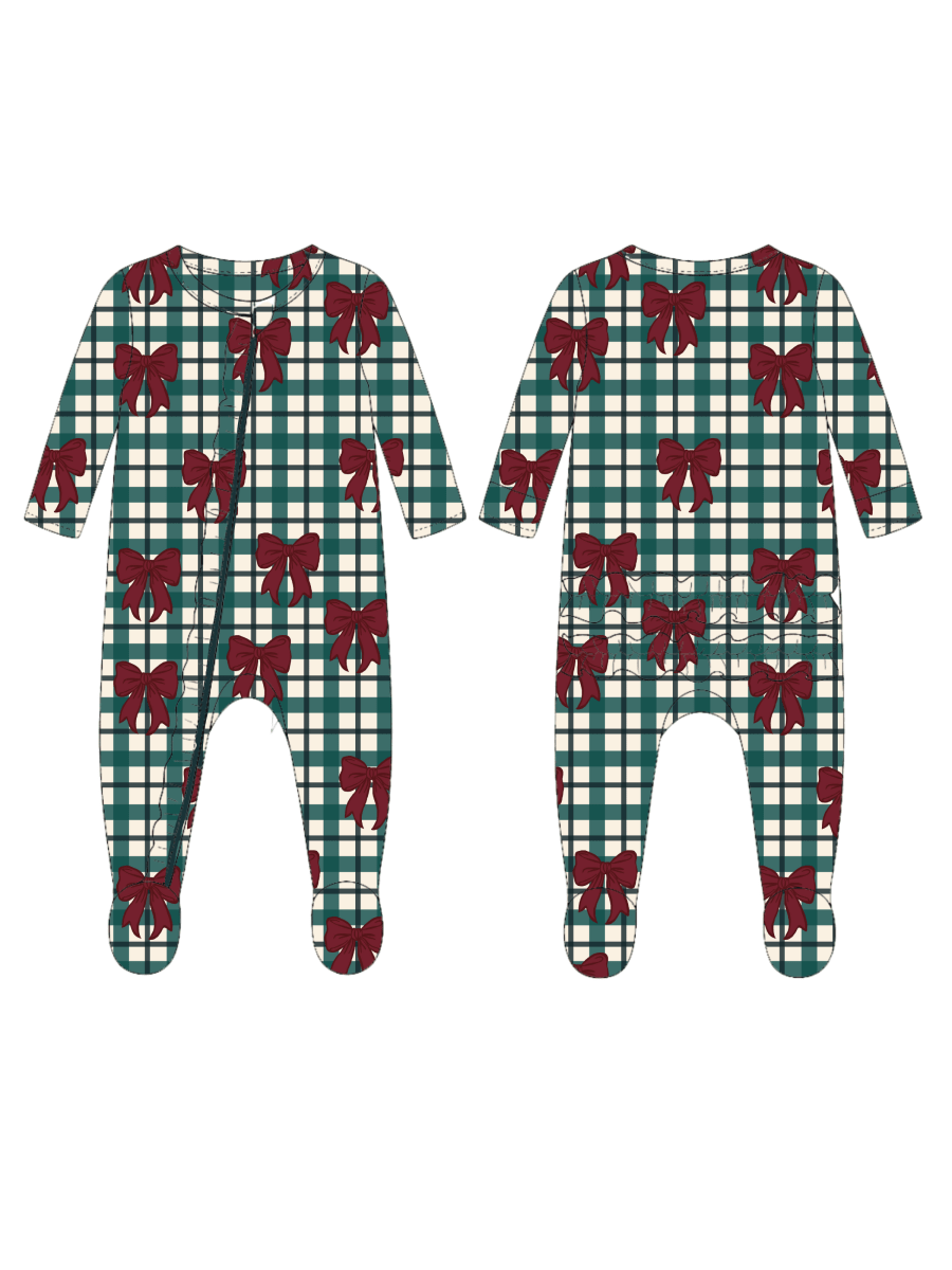 2-Way Zip Ruffle Footie Yuletide Bows - Three:Twelve Boutique - SpearmintLOVE