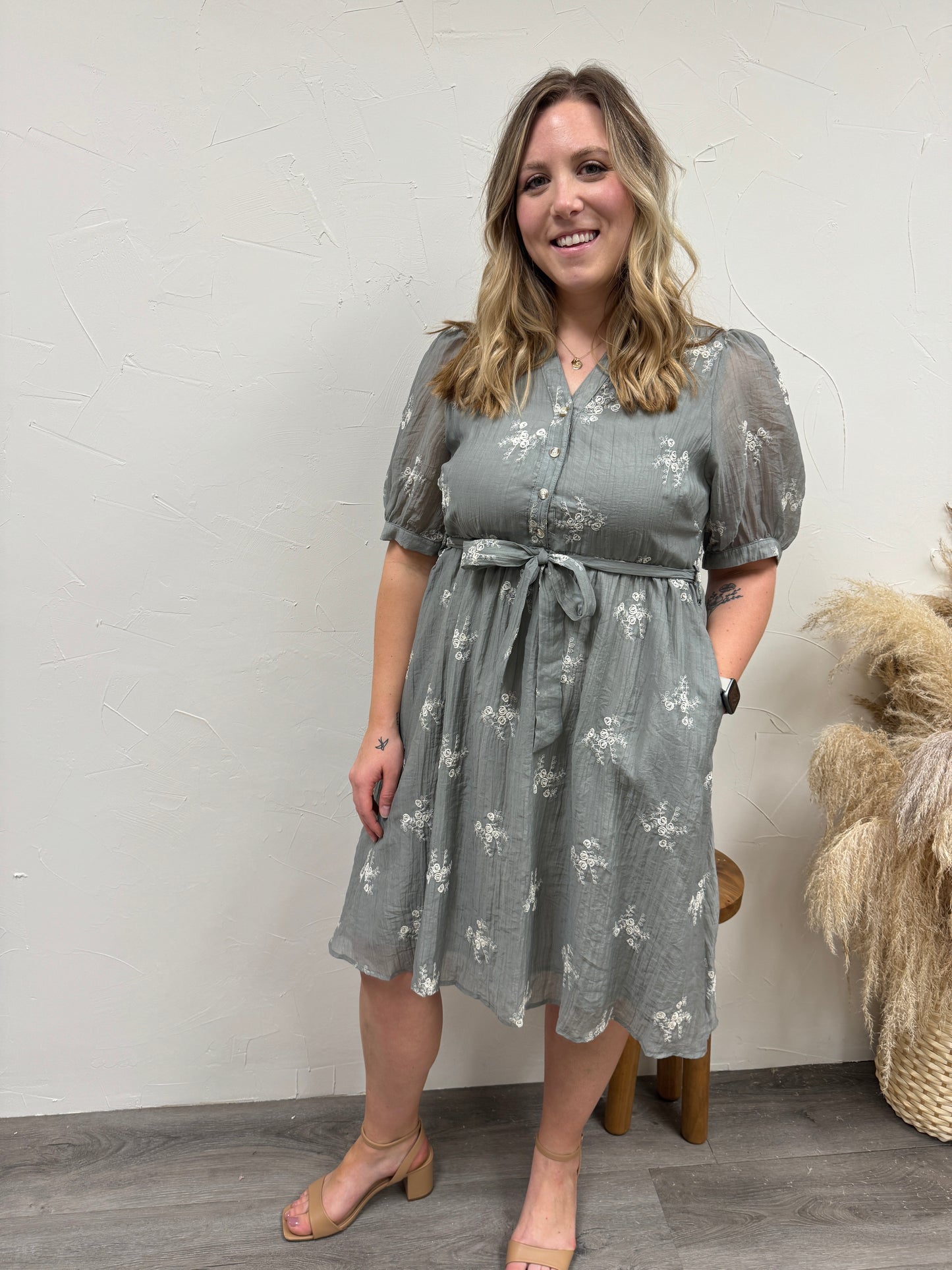 Embroidered Button Front Dress