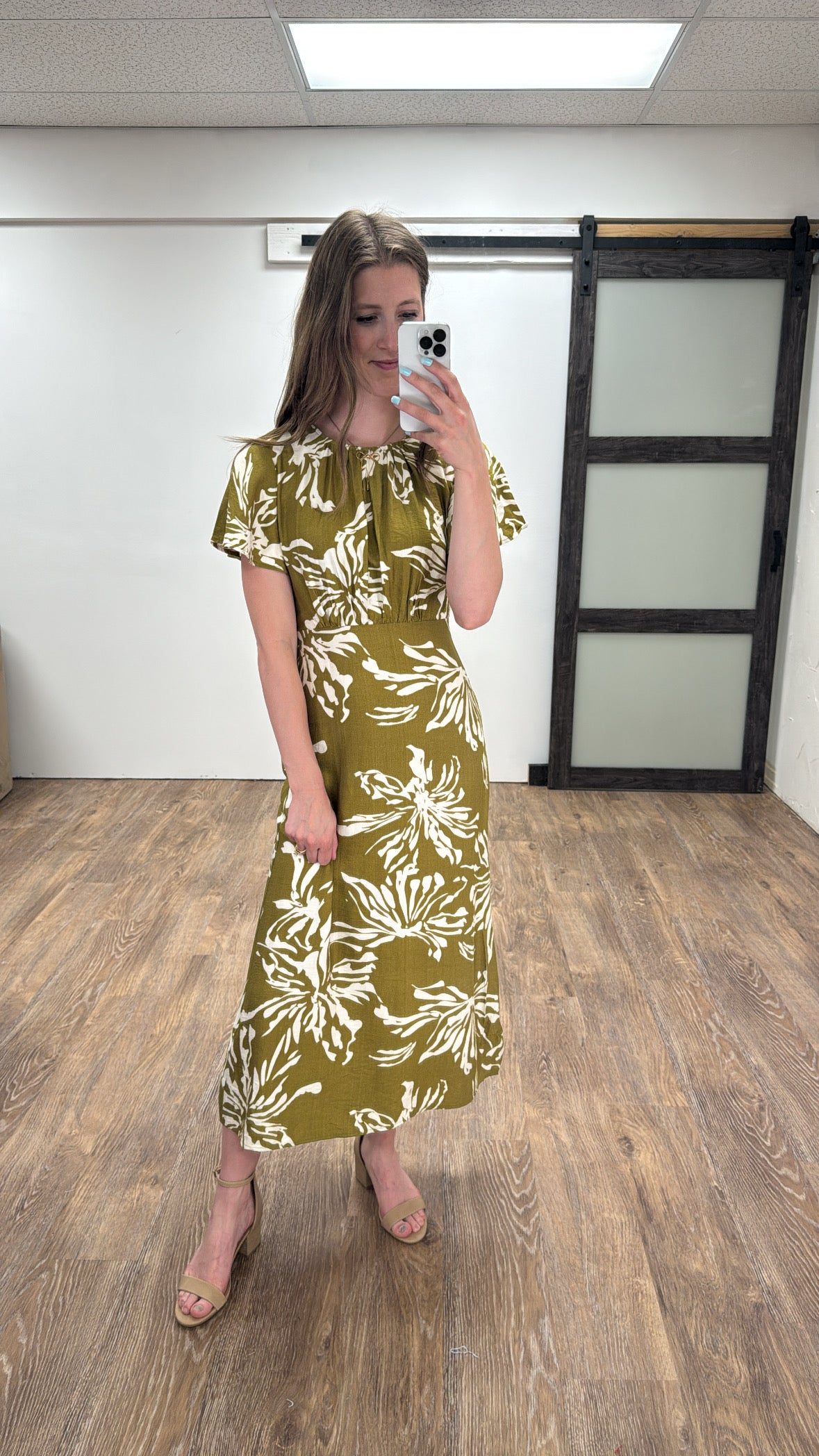 Ruched Neck Woven Midi Dress