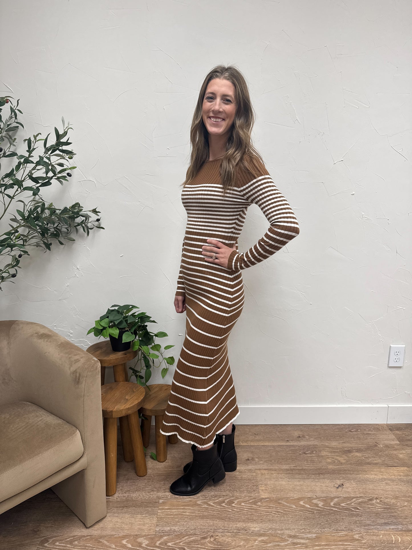 Boat neck Semi A-Line Stripe Dress