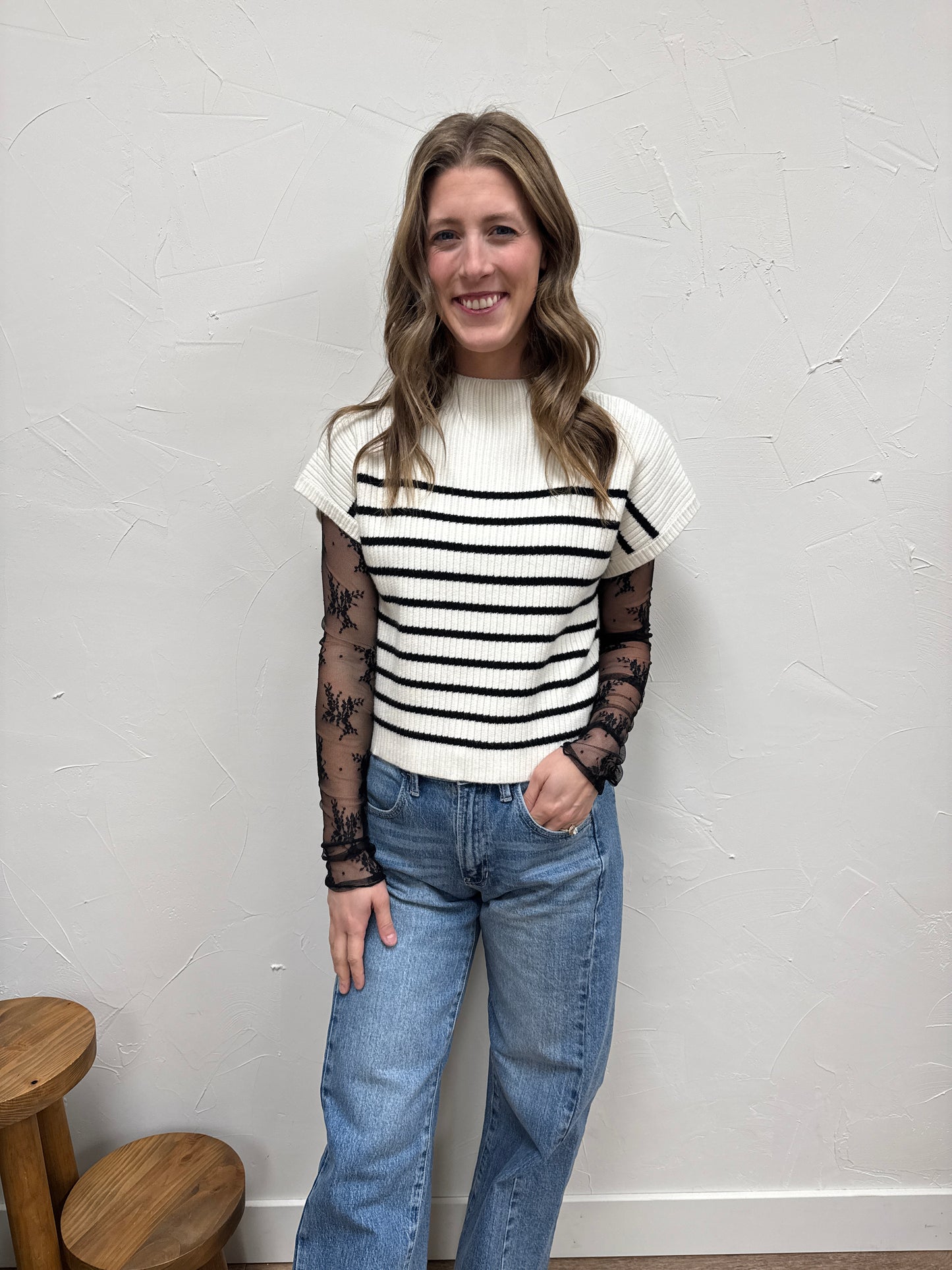 Stripe Mock Neck Short Sleeve Knit Sweater