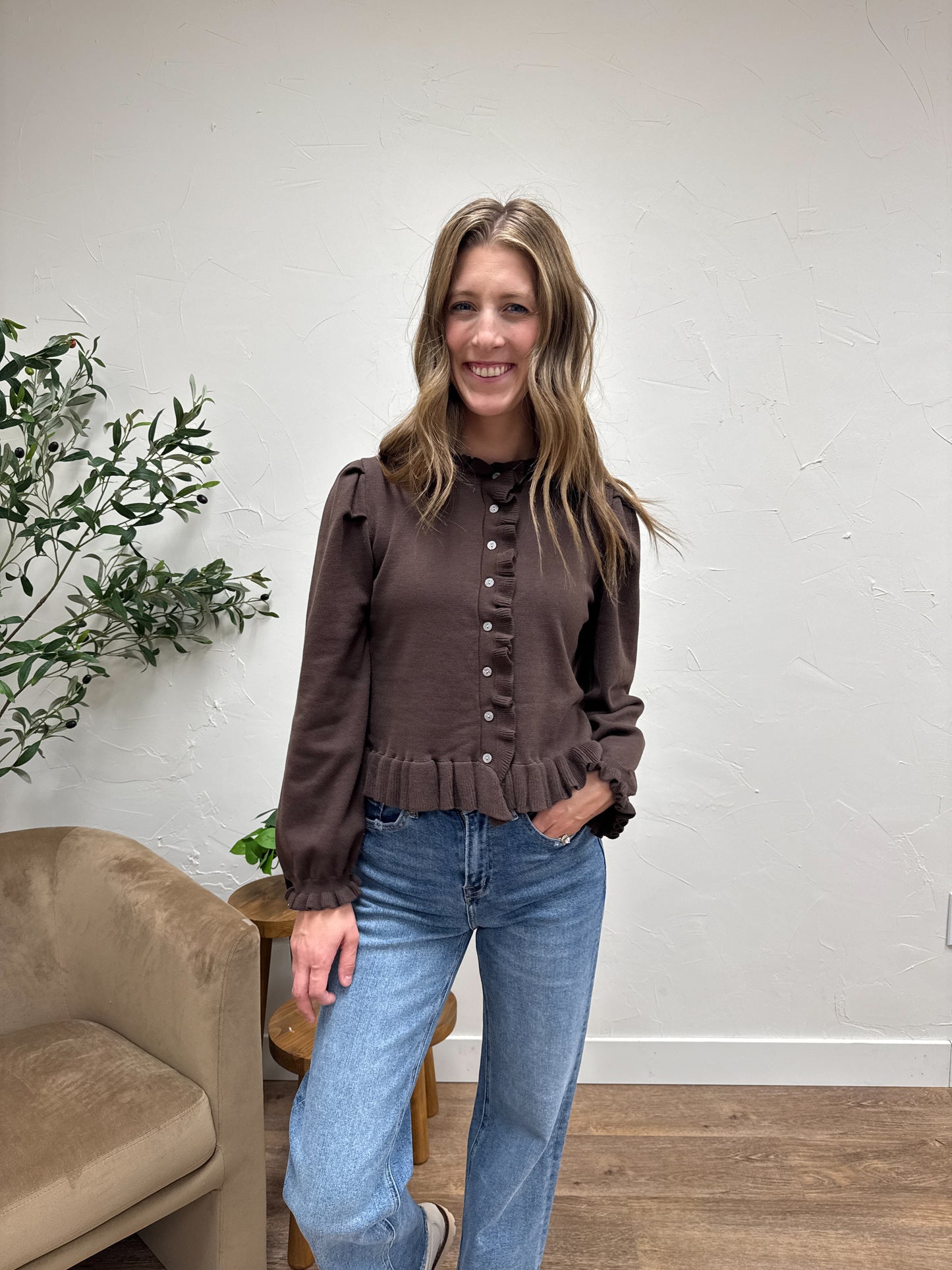 Ruffle Detail Button Sweater