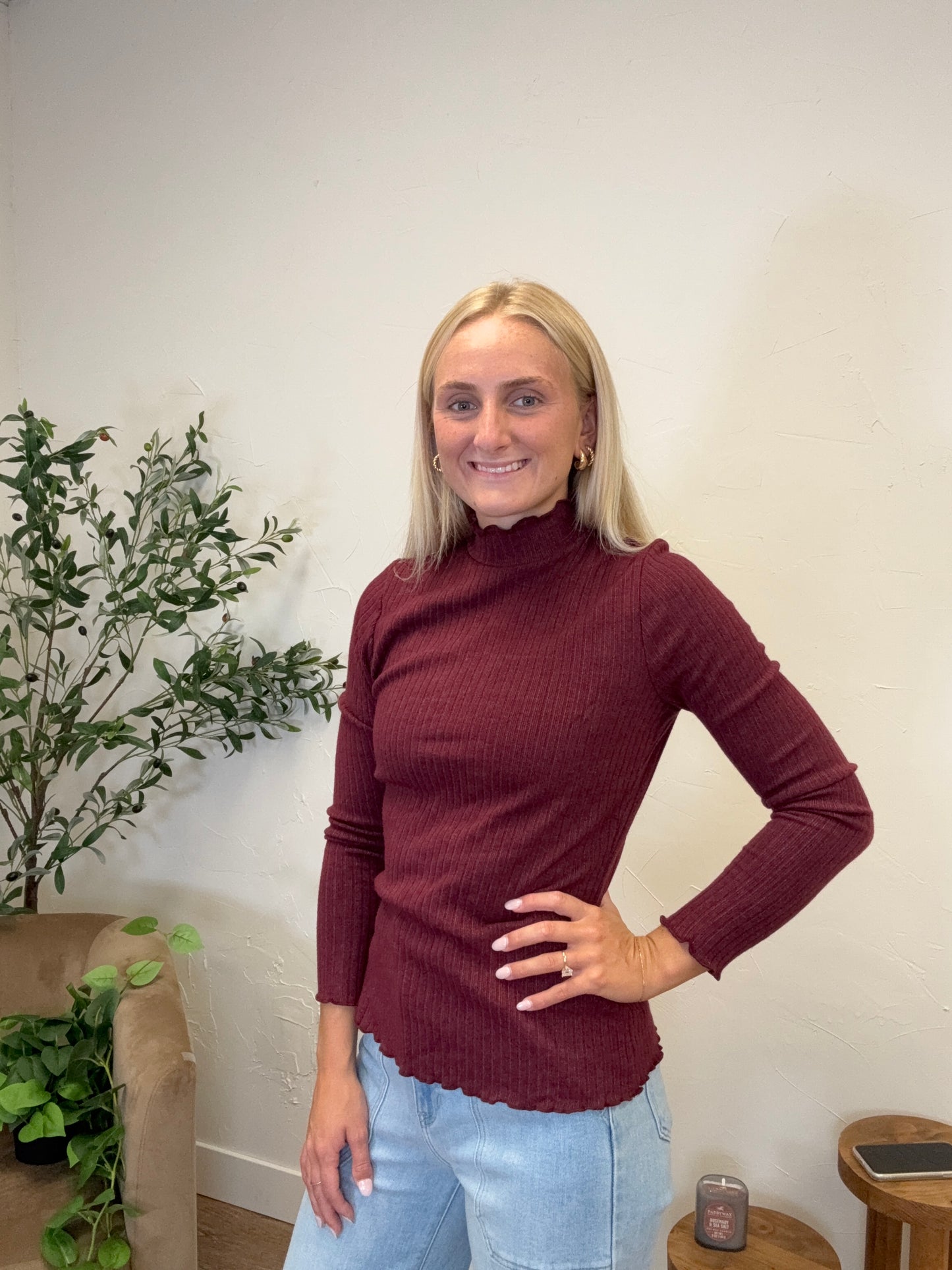 Mock Neck Lettuce Edge Top