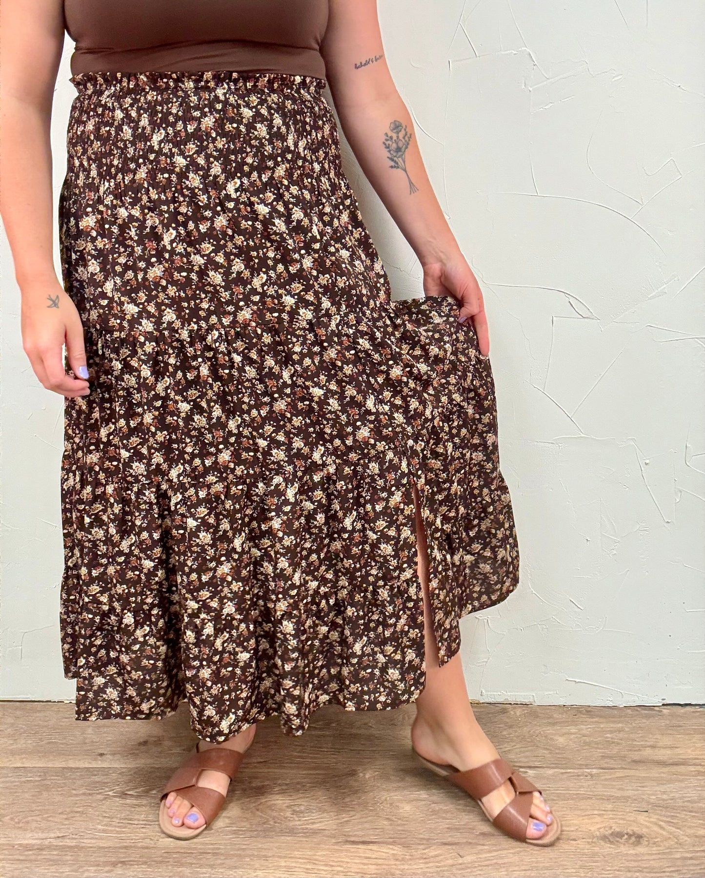 Floral Tiered Front Slit Midi Skirt