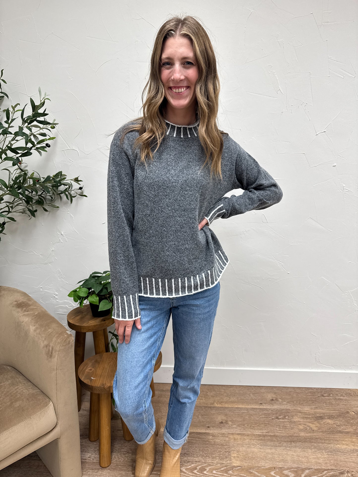 Color Texture Accent Mock Neck Pullover