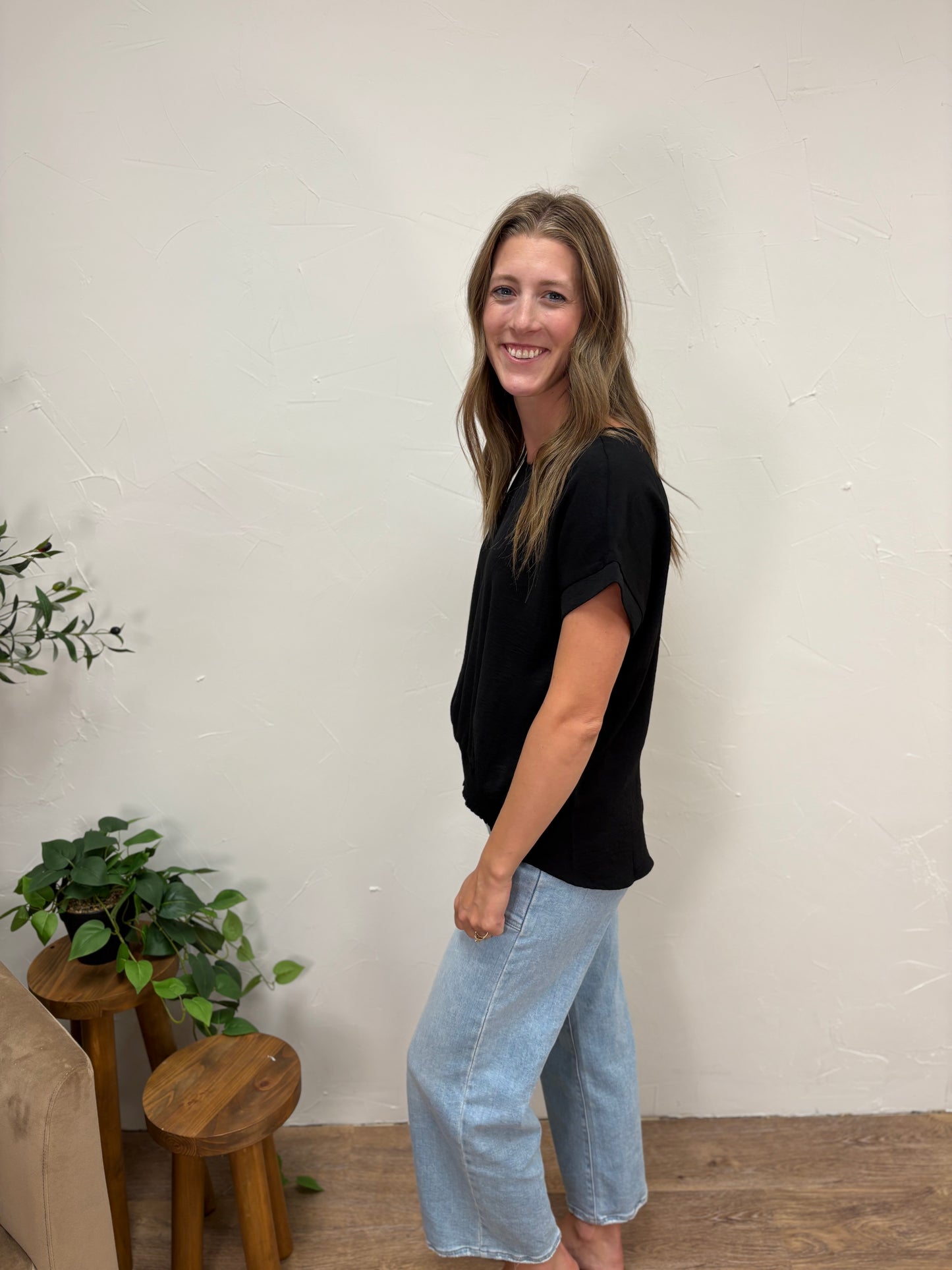 Wide Crew Neck Smocked Band Blouse