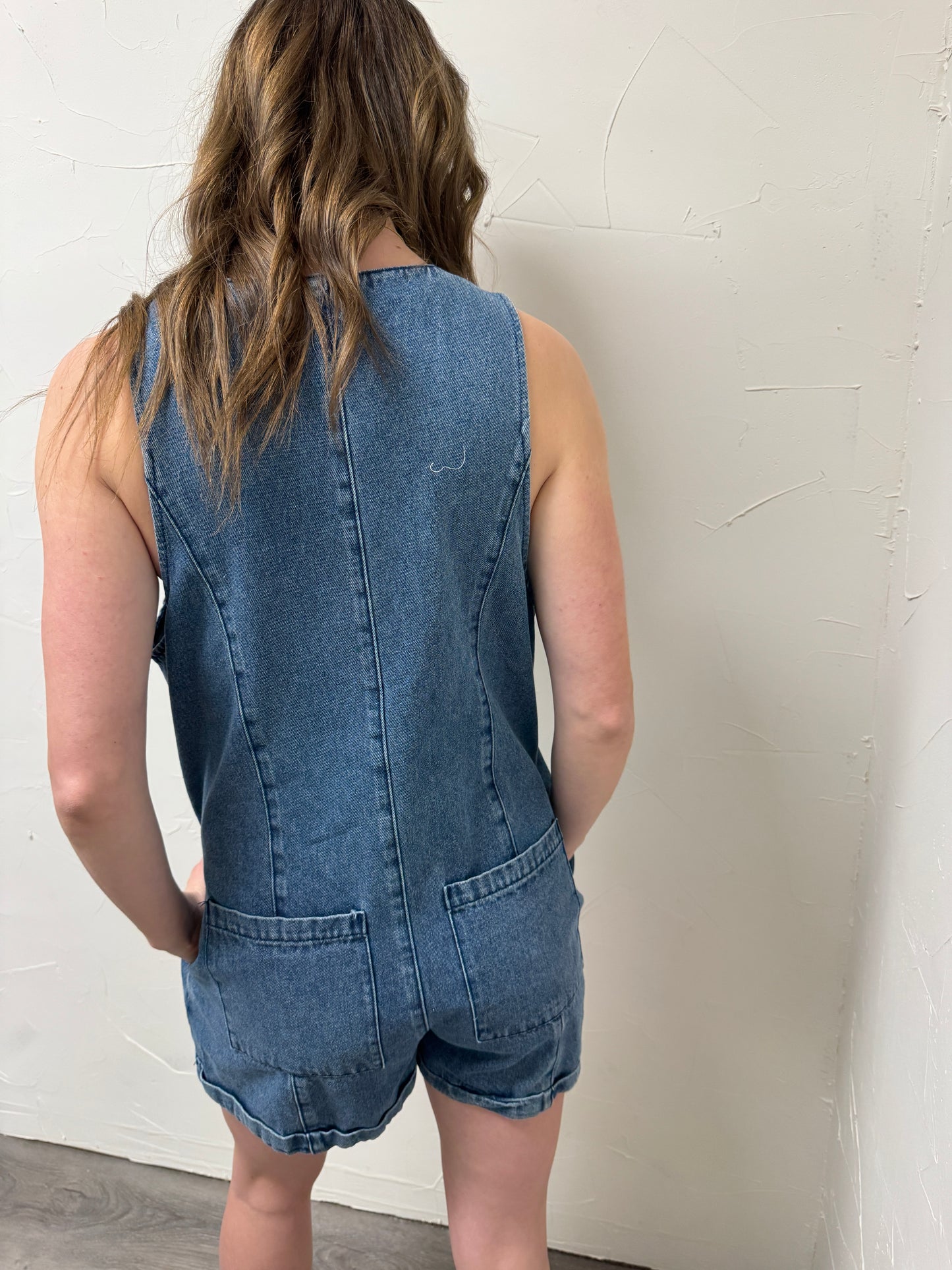 Button Front Sleeveless Denim Romper