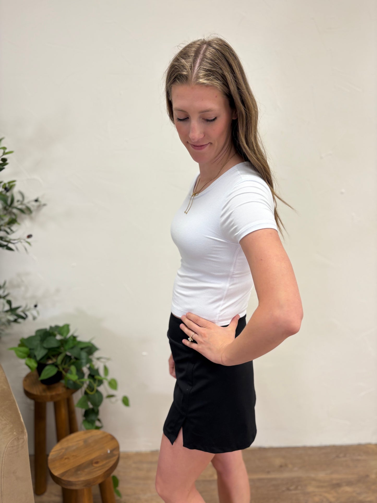 Rib Short Sleeve Top With Inner Bra