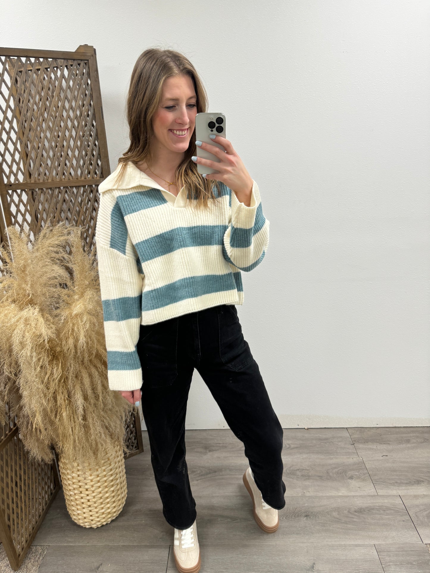 STRIPE DROP SHOULDER WITH WIDE COLLAR SWEATER - Three:Twelve Boutique