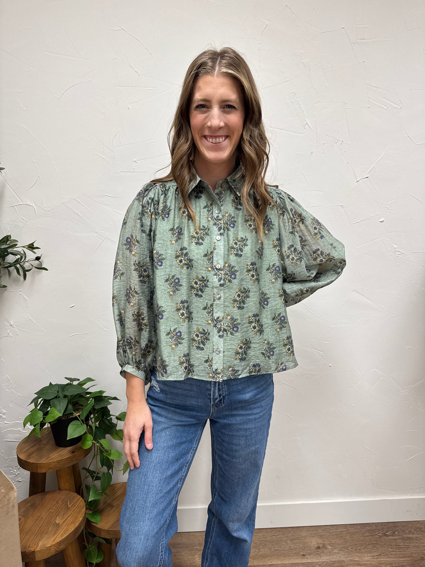 Botanical print long sleeve button-down top