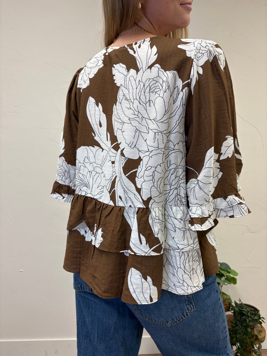 3/4 Sleeve Button Down Ruffle Hem Top - Three:Twelve Boutique - she+sky