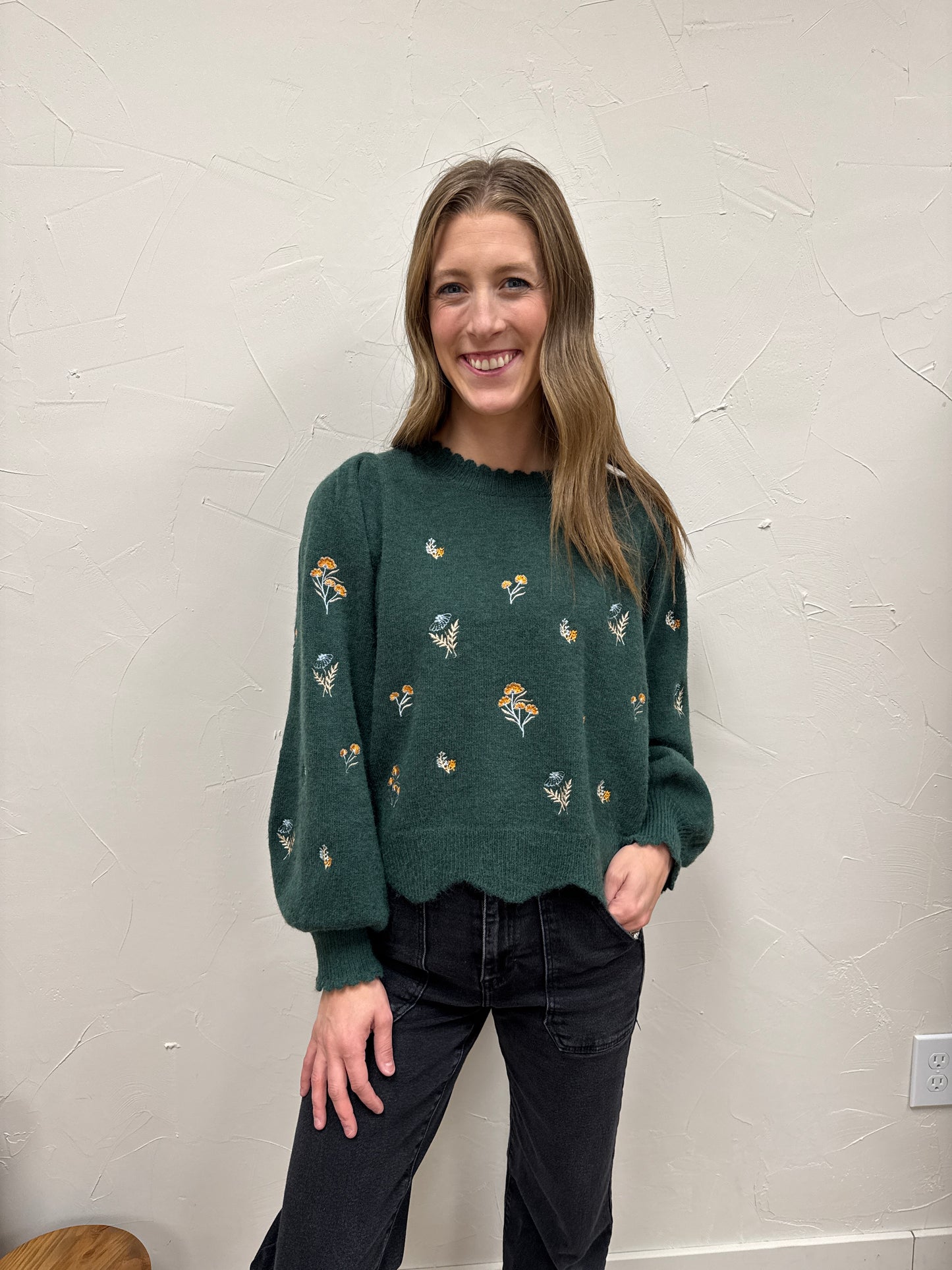 Embroidered Scallop Detail Sweater