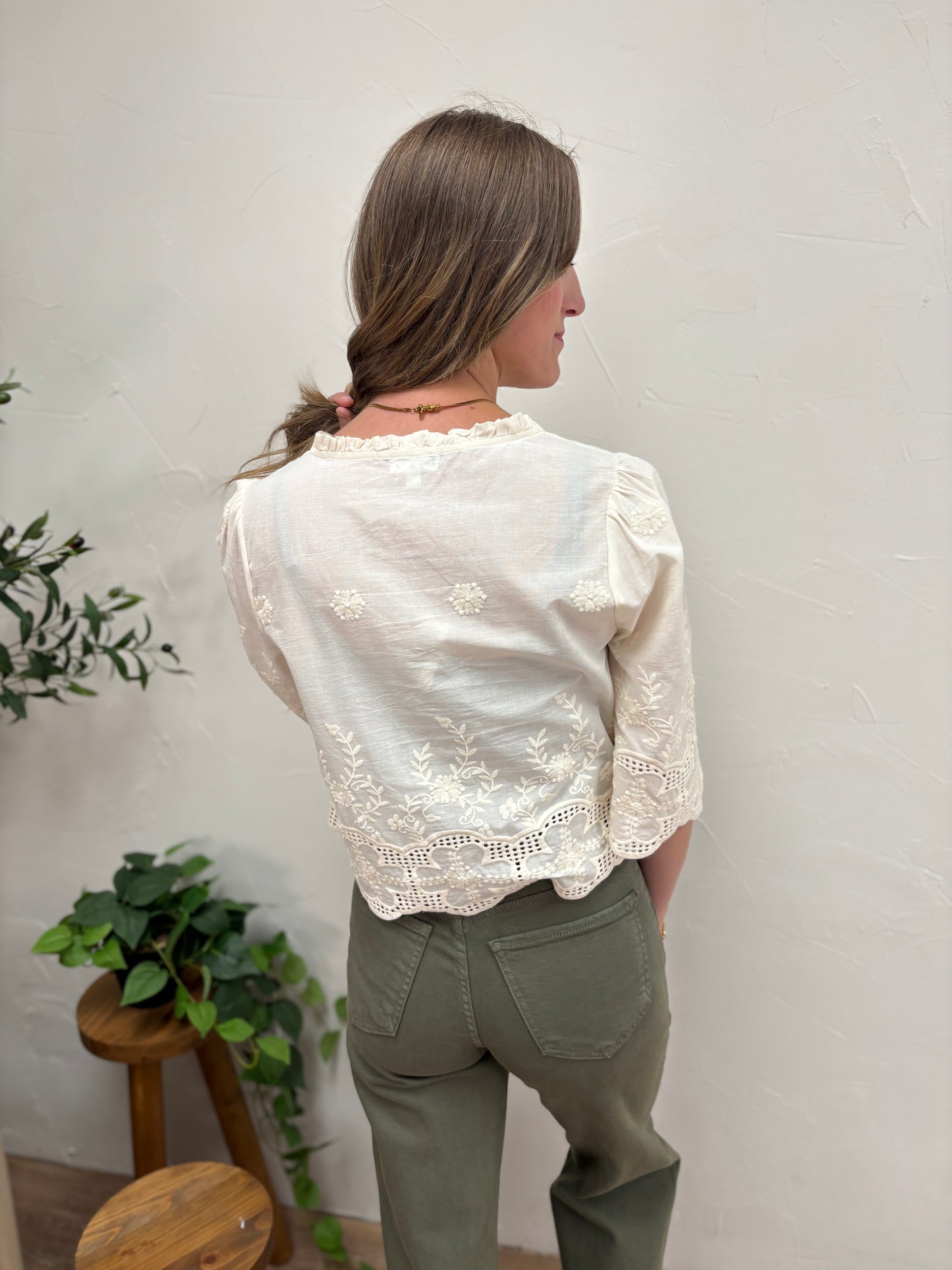 Floral Embroidered Tie Front Blouse