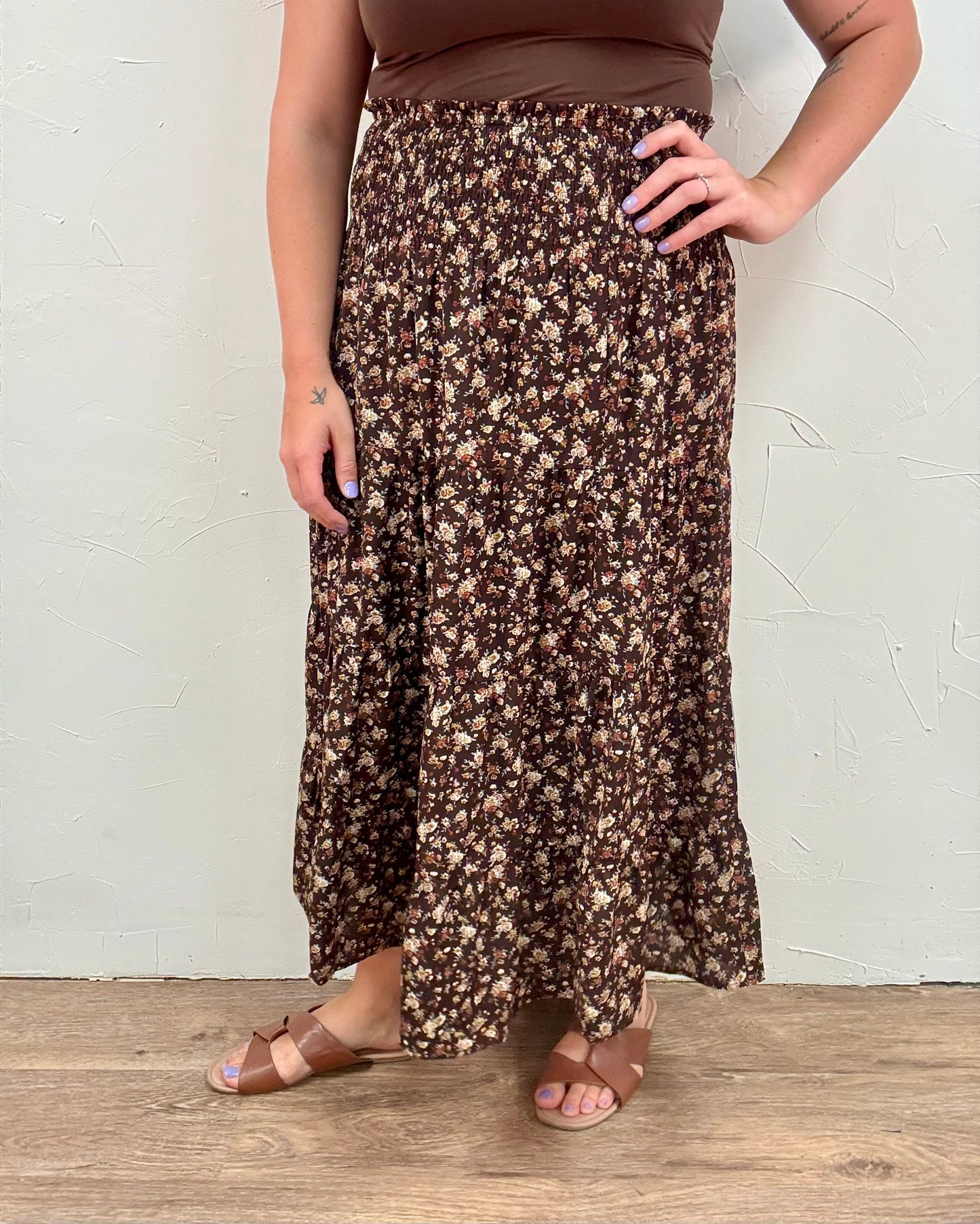 Floral Tiered Front Slit Midi Skirt