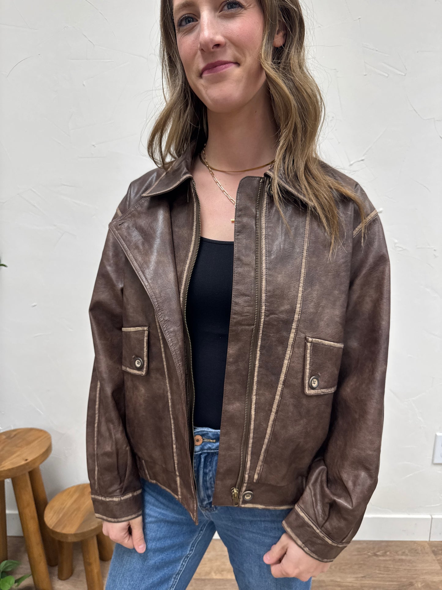 Collared Zip Up Washed Faux Leather Jacket