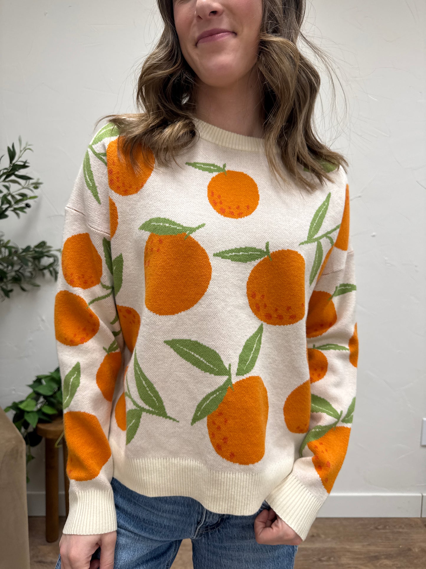 Orange Jacquard Pullover Sweater