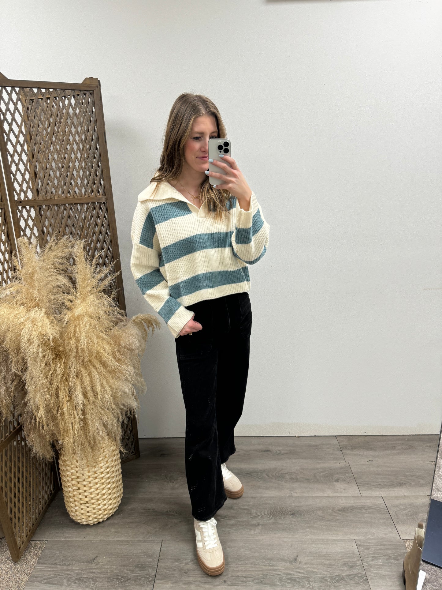 STRIPE DROP SHOULDER WITH WIDE COLLAR SWEATER - Three:Twelve Boutique