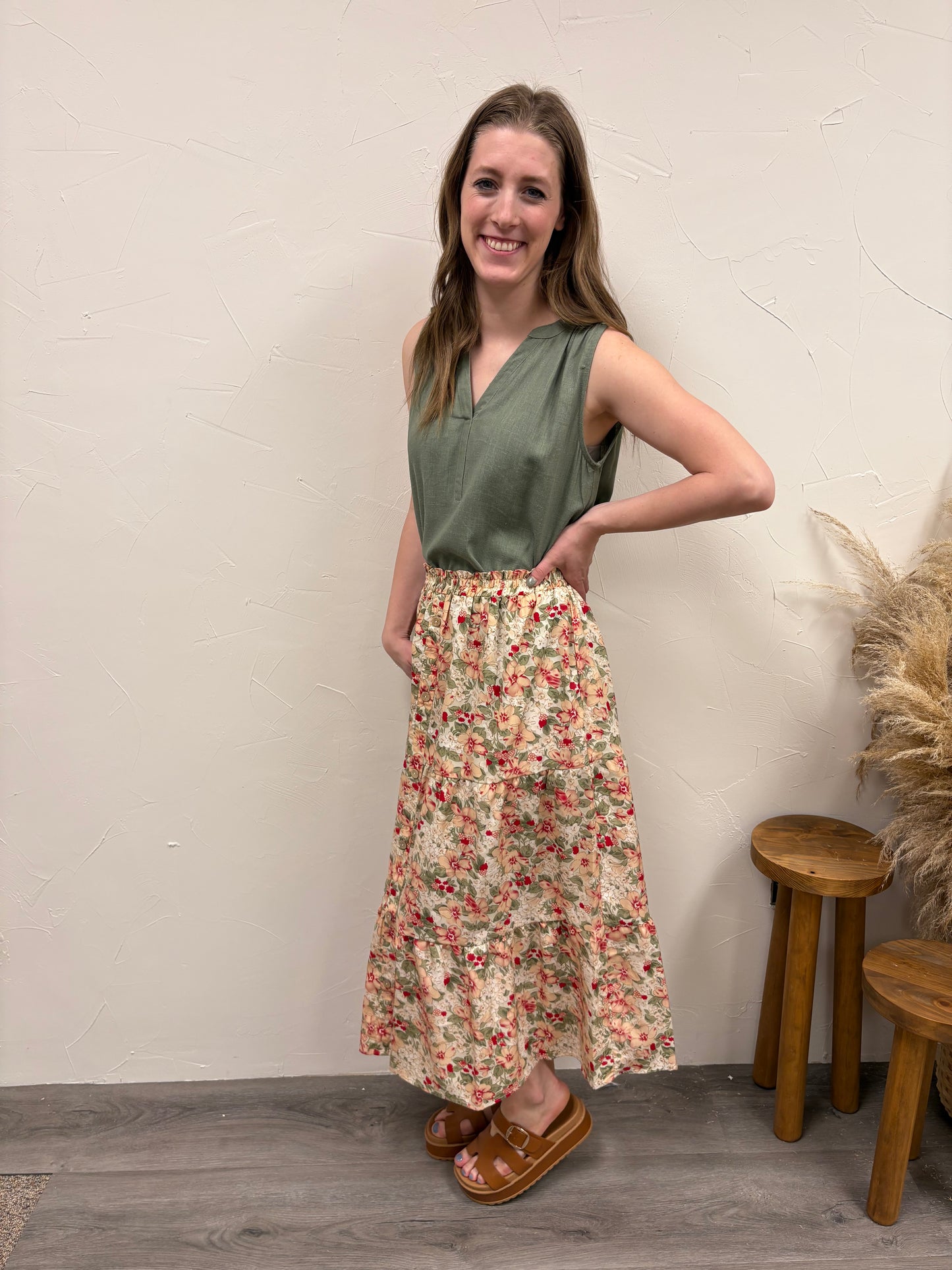 Floral Elastic Waist Midi Skirt