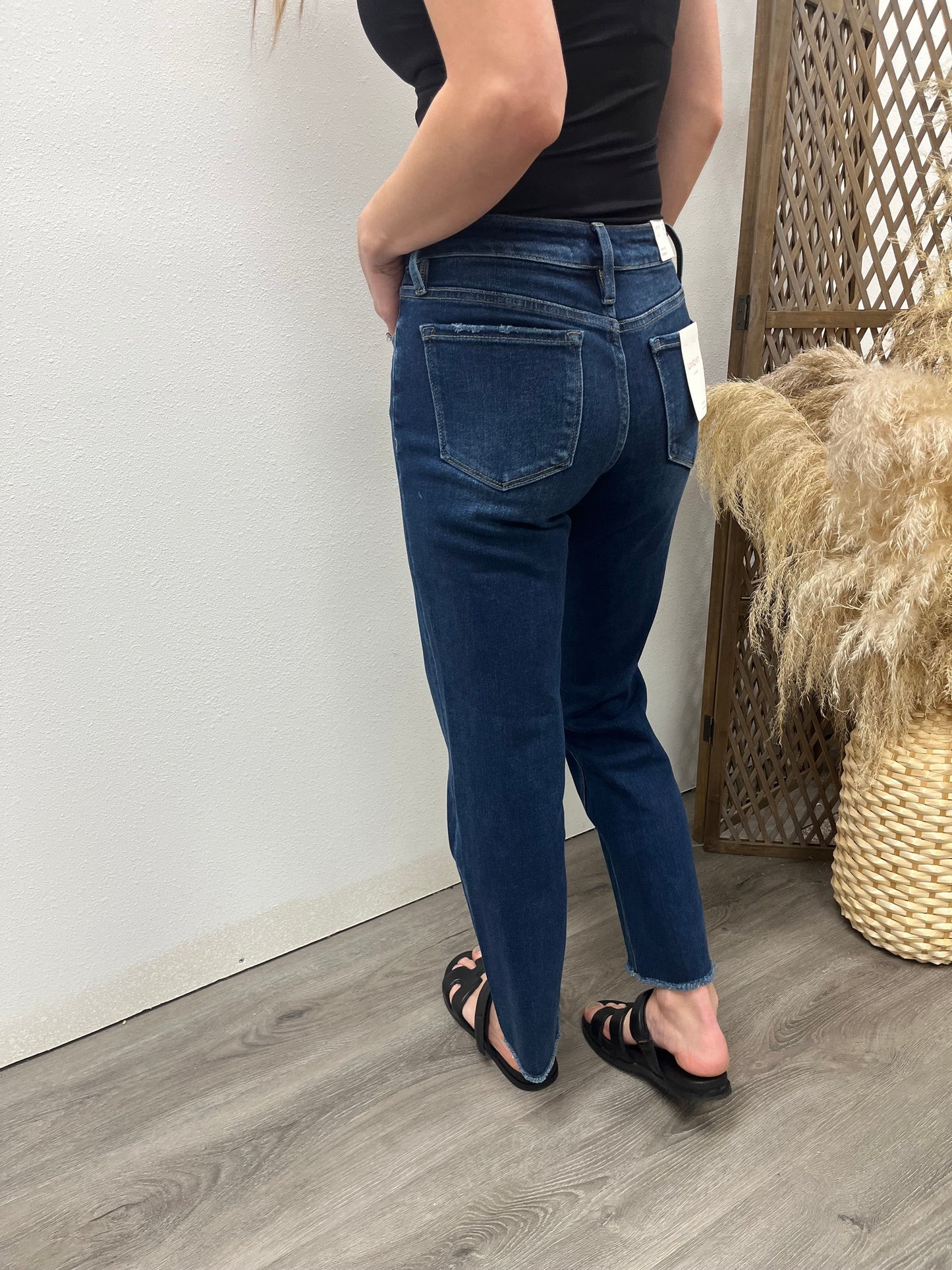 High Rise Raw Hem Ankle Straight Jeans