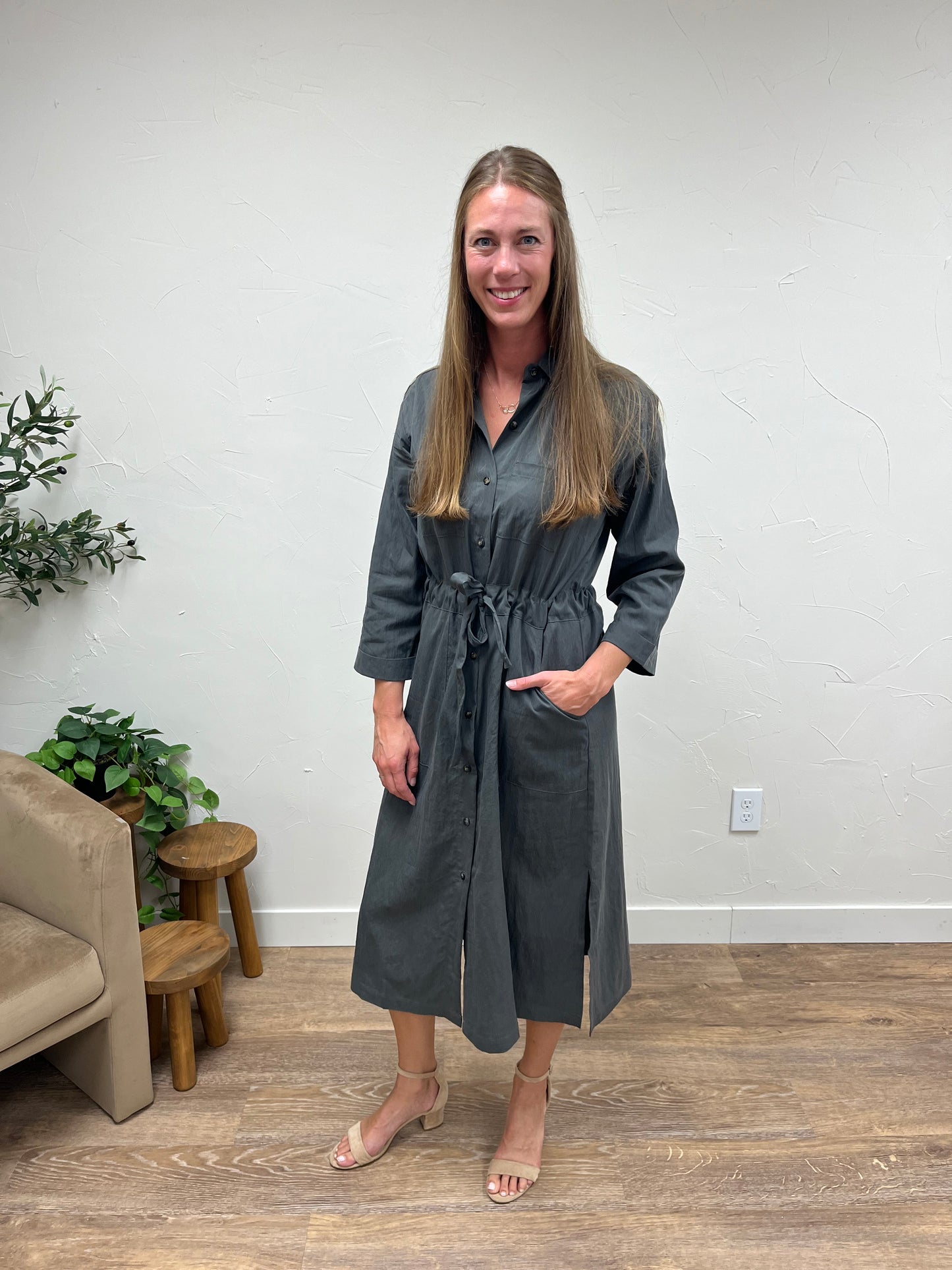 Side Slit Shirt Long Dress with Waist Tie