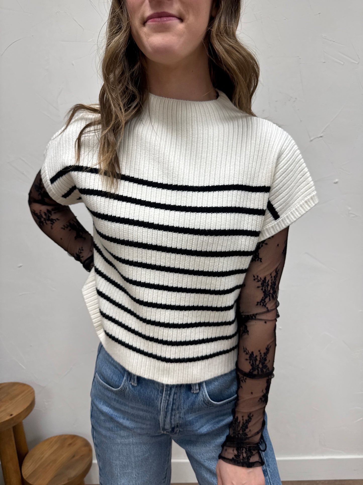 Stripe Mock Neck Short Sleeve Knit Sweater
