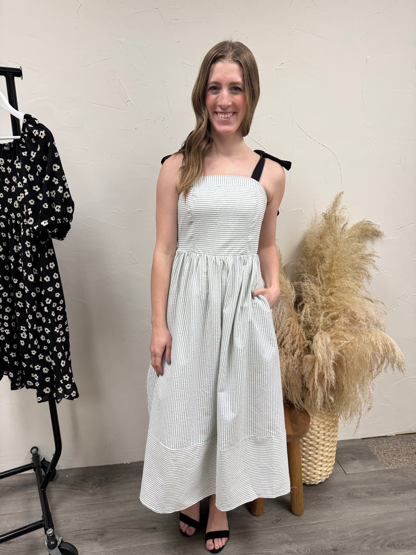 Ribbon Tie Strap Striped Midi Dress