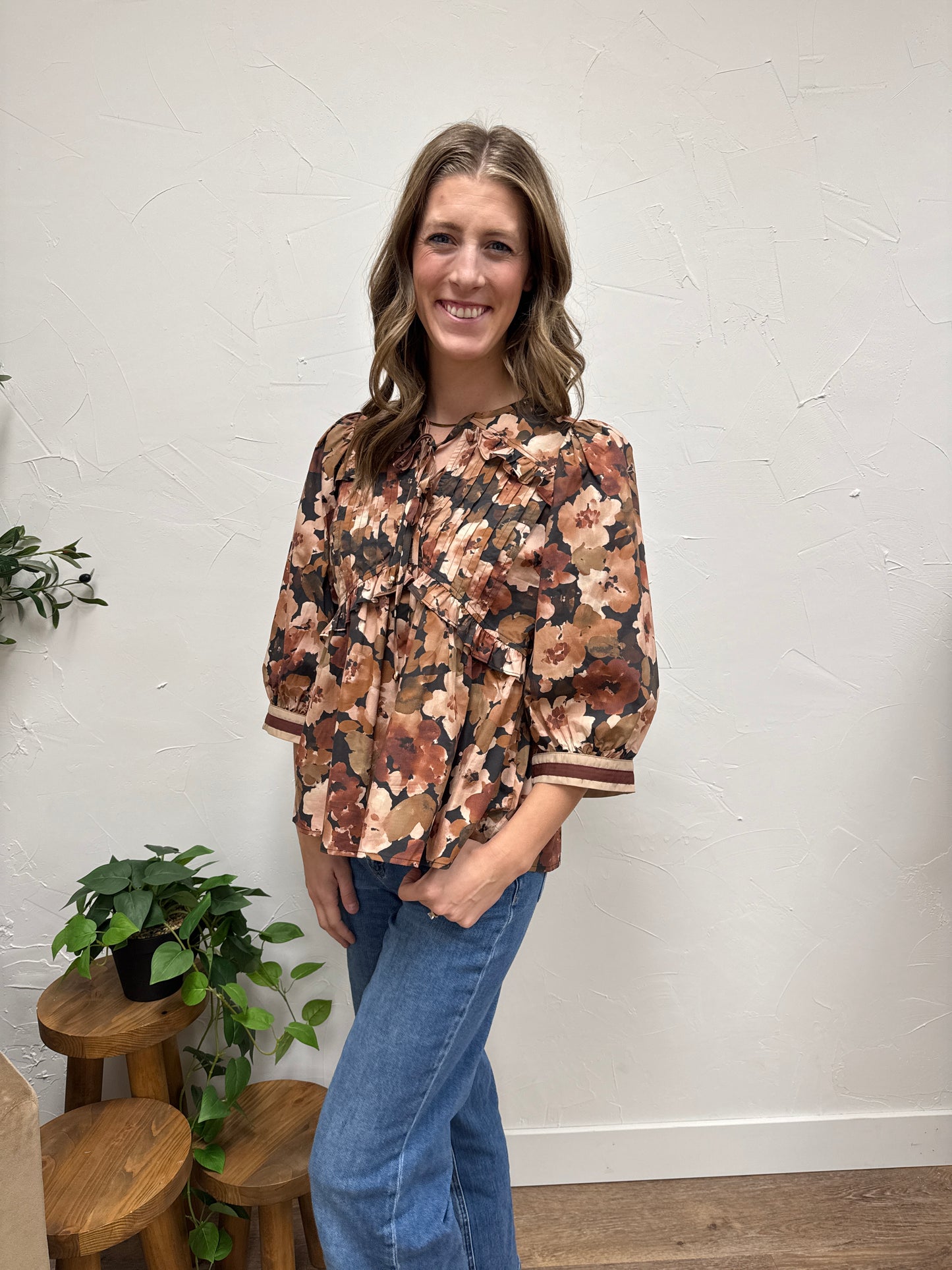 Floral print 3/4 sleeve peplum top
