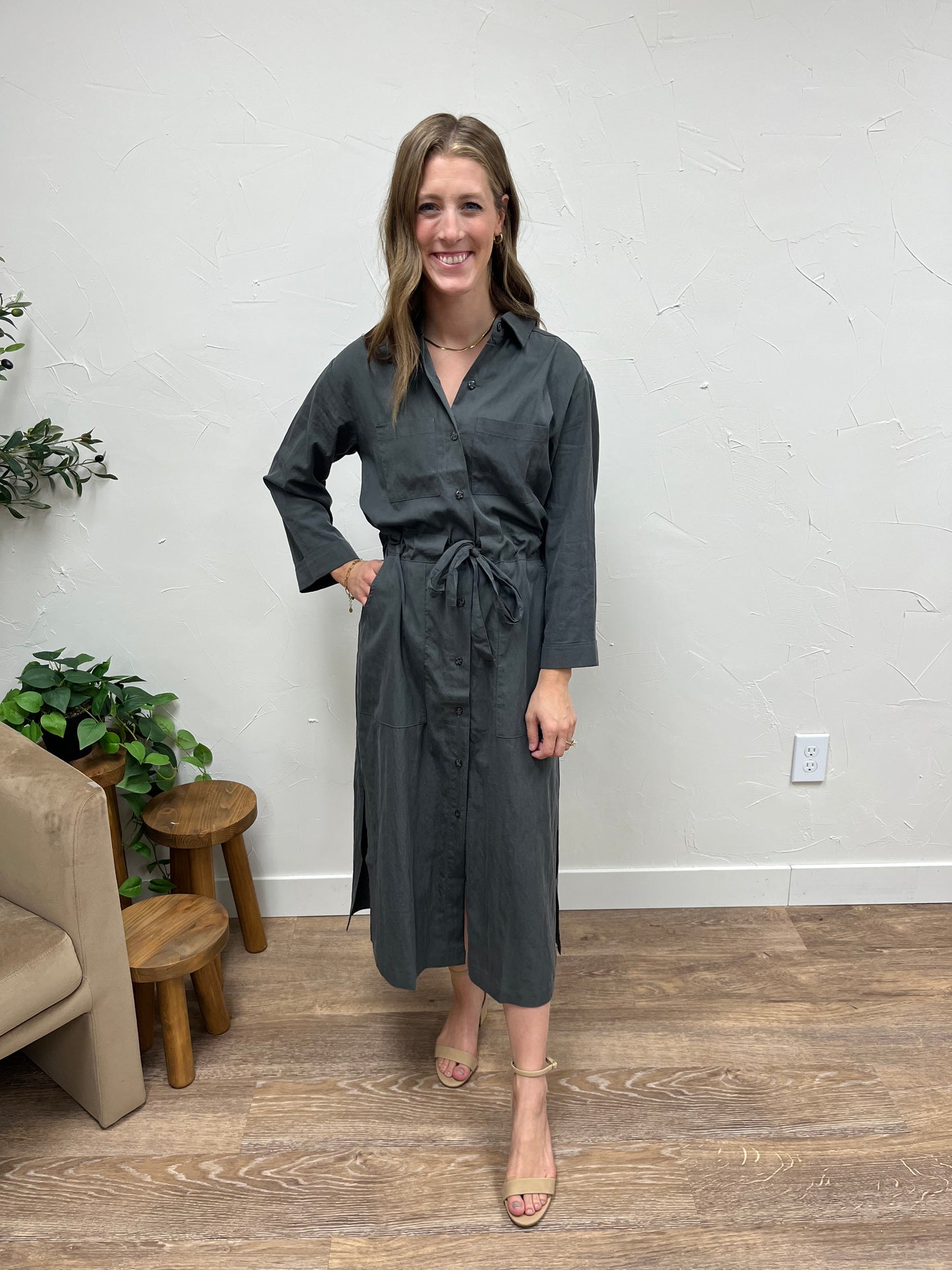 Side Slit Shirt Long Dress with Waist Tie