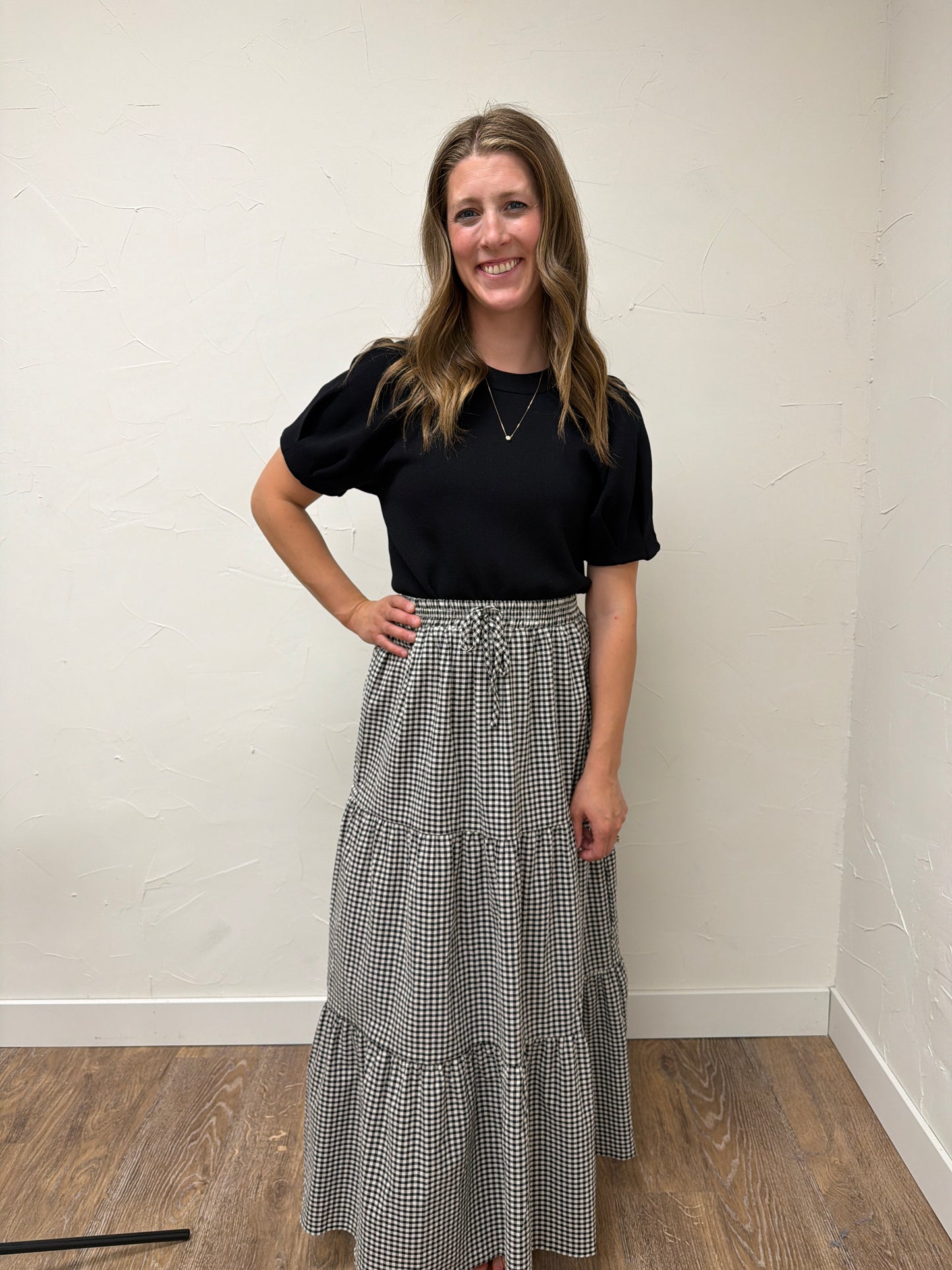 Plaid Tiered Ruffled Drawstring Maxi Skirt