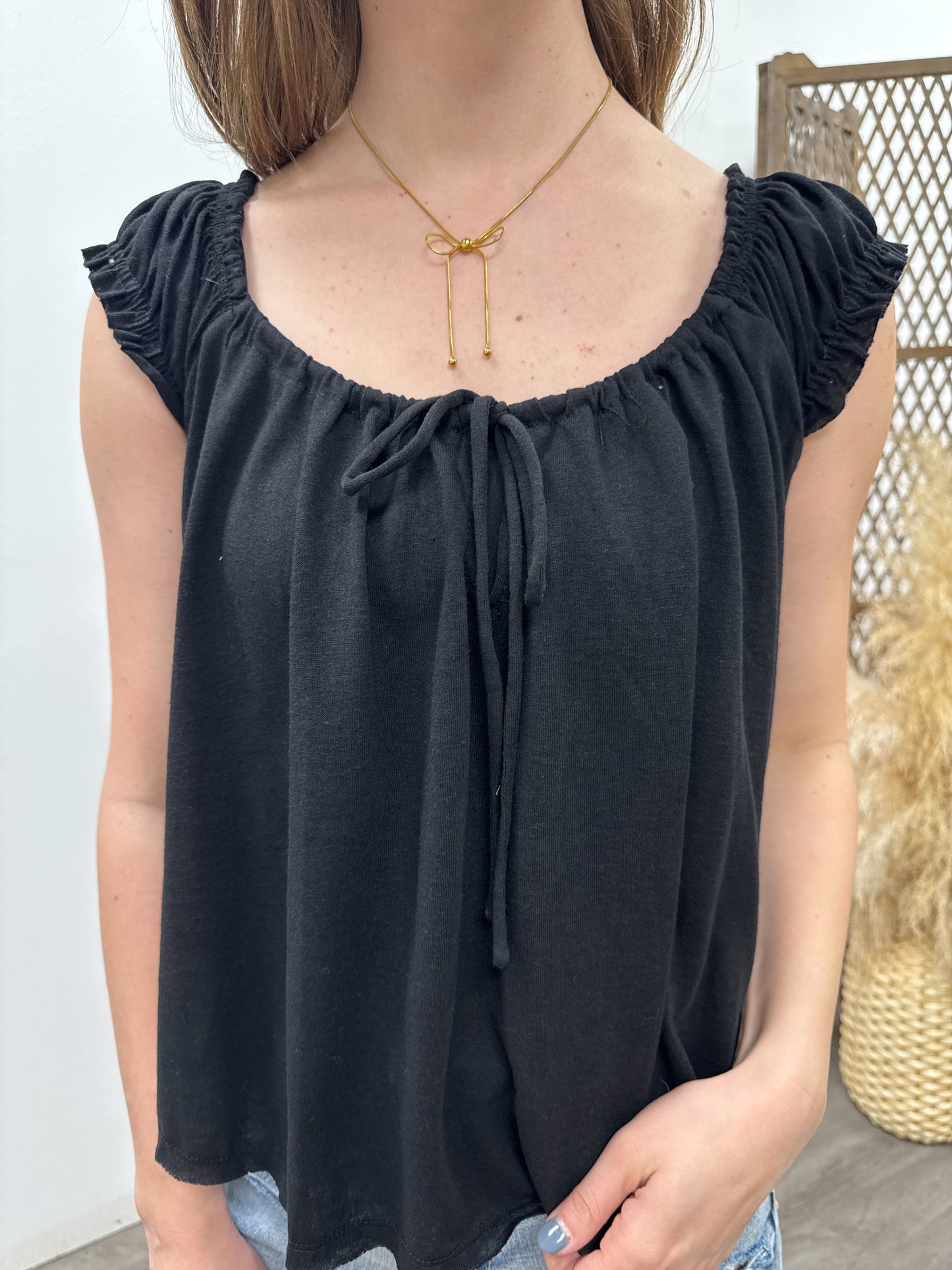 Slub Knit Cap Sleeve Flowy Peasant Top