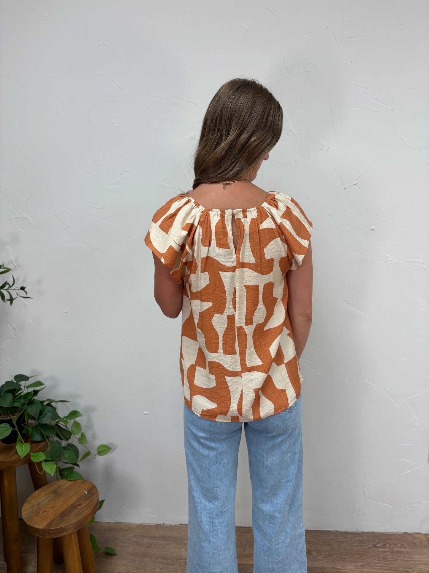 Abstract Print V Neck Top