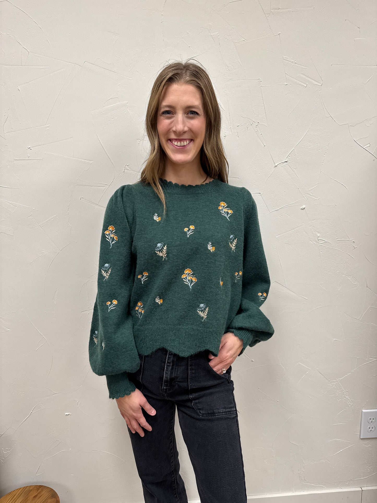 Embroidered Scallop Detail Sweater