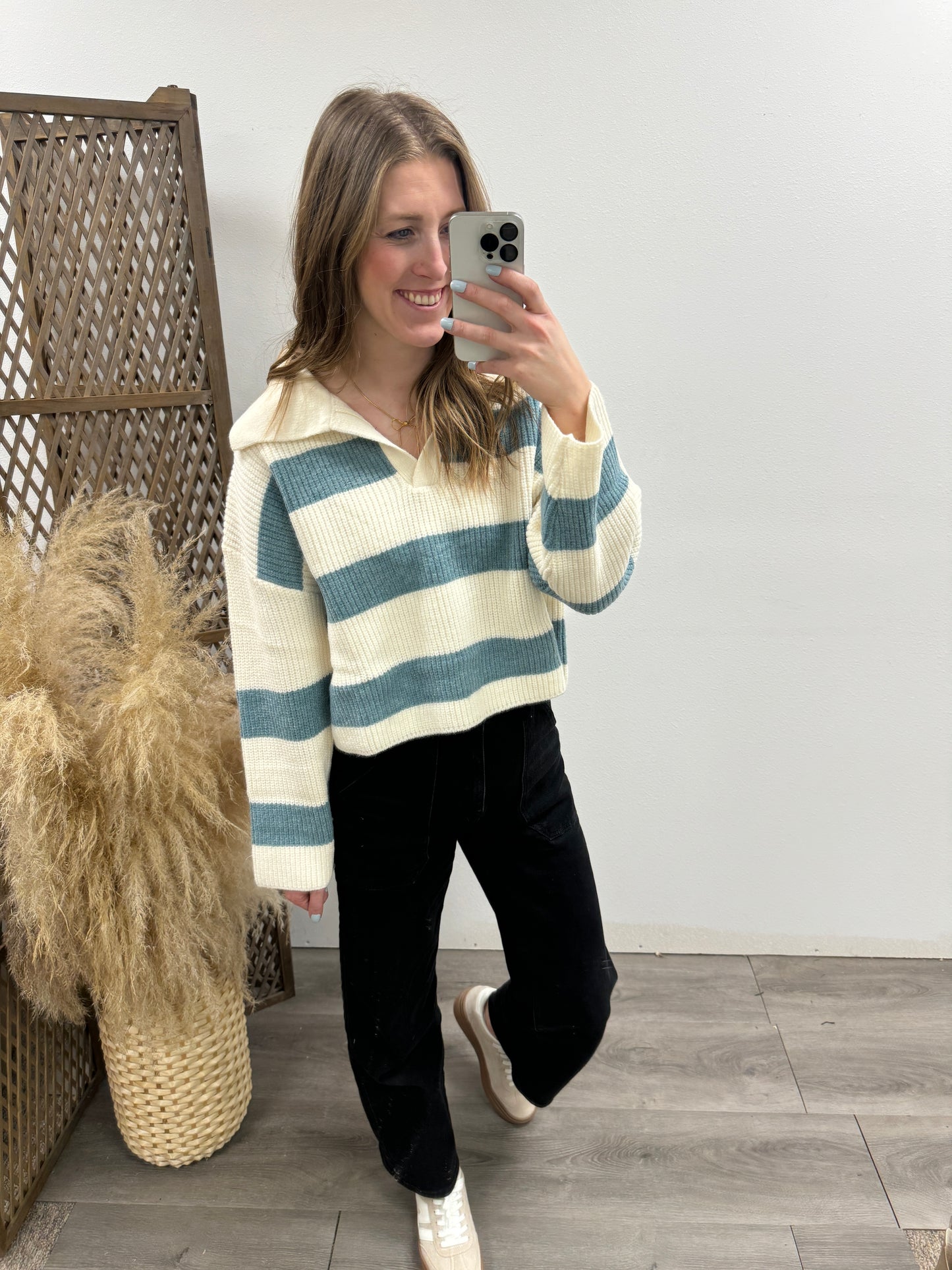STRIPE DROP SHOULDER WITH WIDE COLLAR SWEATER - Three:Twelve Boutique