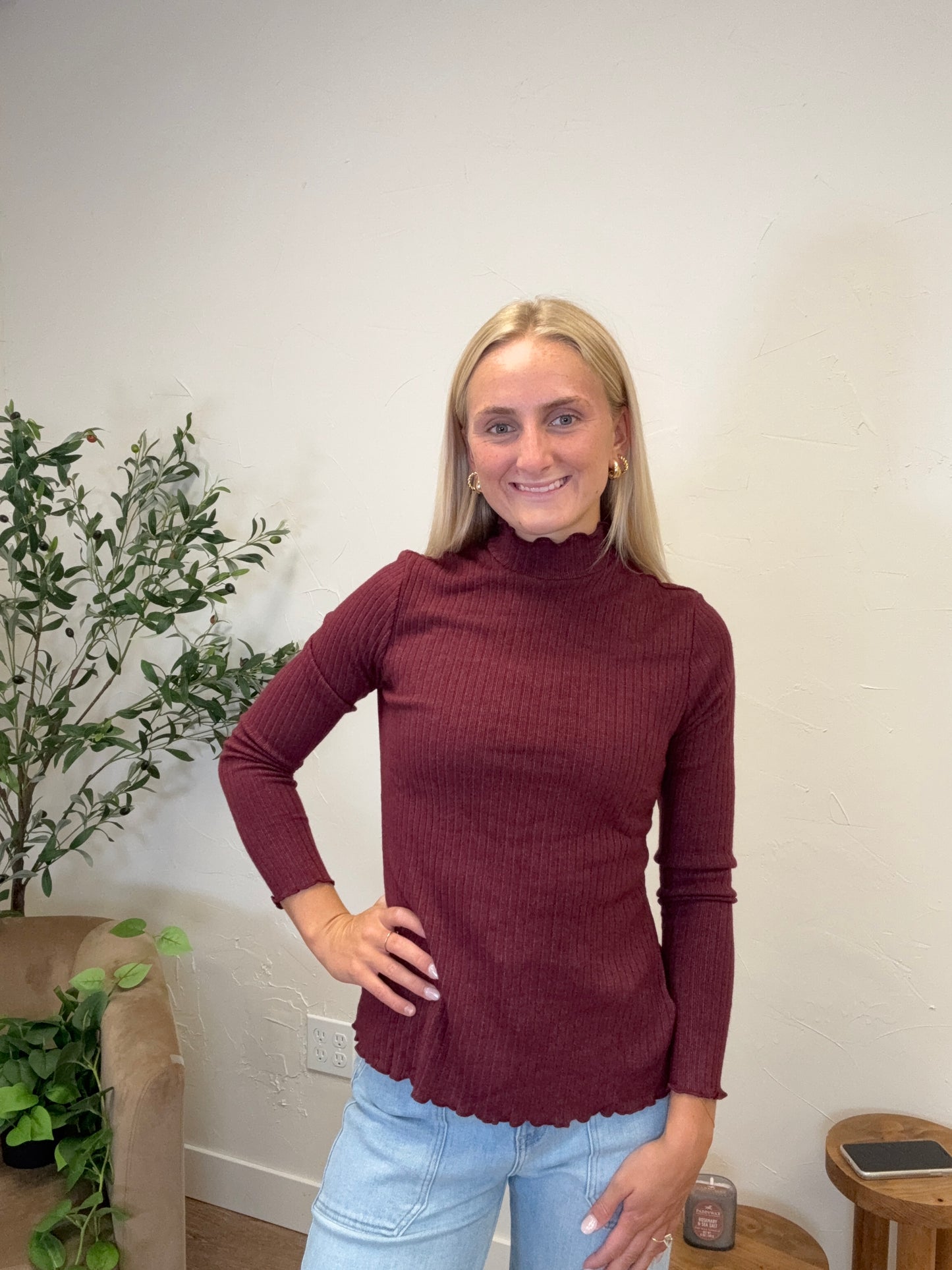 Mock Neck Lettuce Edge Top