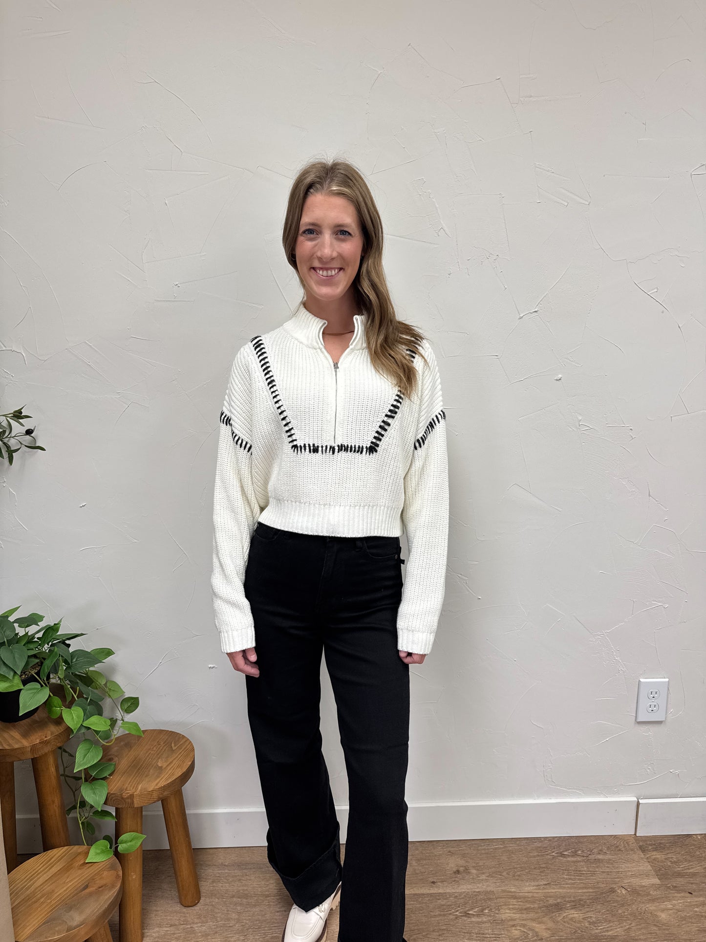 Knit Half-Zip Sweater with Contrast Stitch Detail