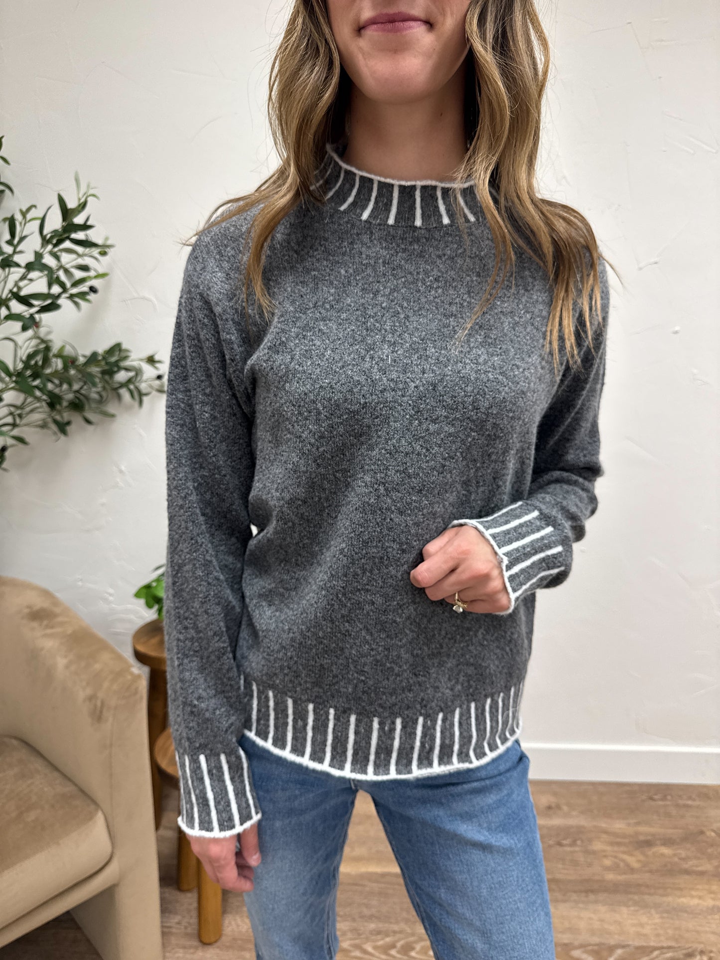 Color Texture Accent Mock Neck Pullover